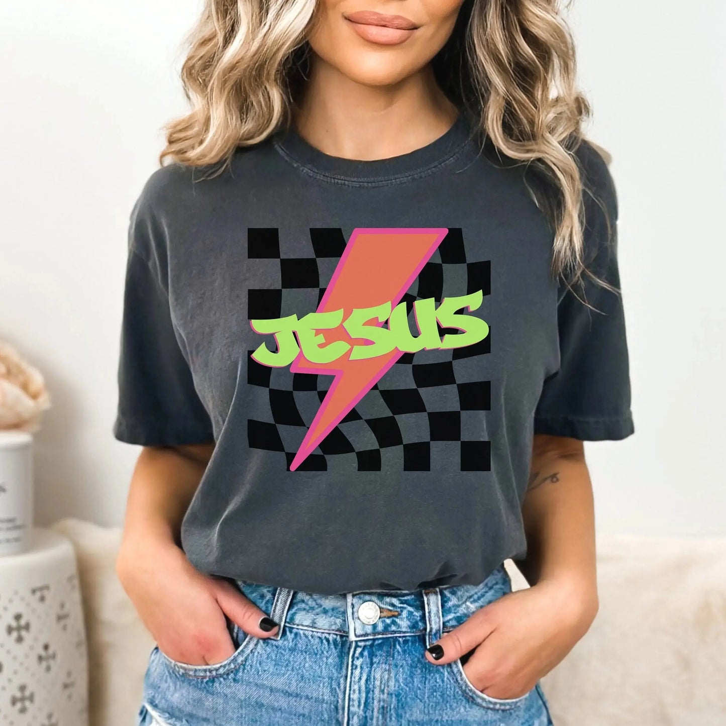 Jesus Neon Checkered Tee