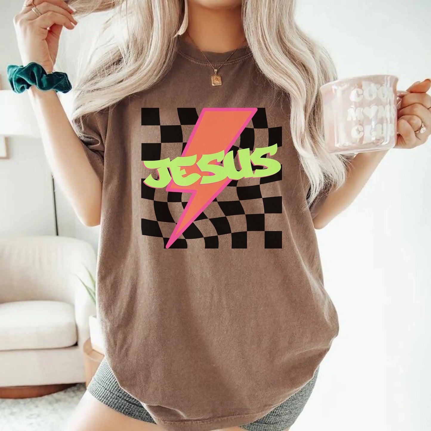 Jesus Neon Checkered Tee