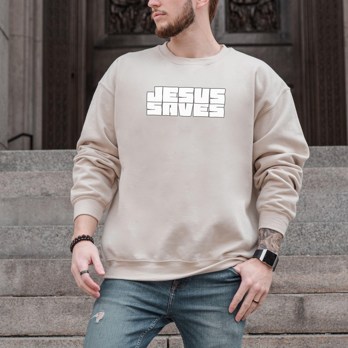 Jesus Saves Crewneck Sweatshirt, Mens Christian Sweatshirt, Religious Sweatshirt, Christian Clothing, Christian dad gift, Church Merch