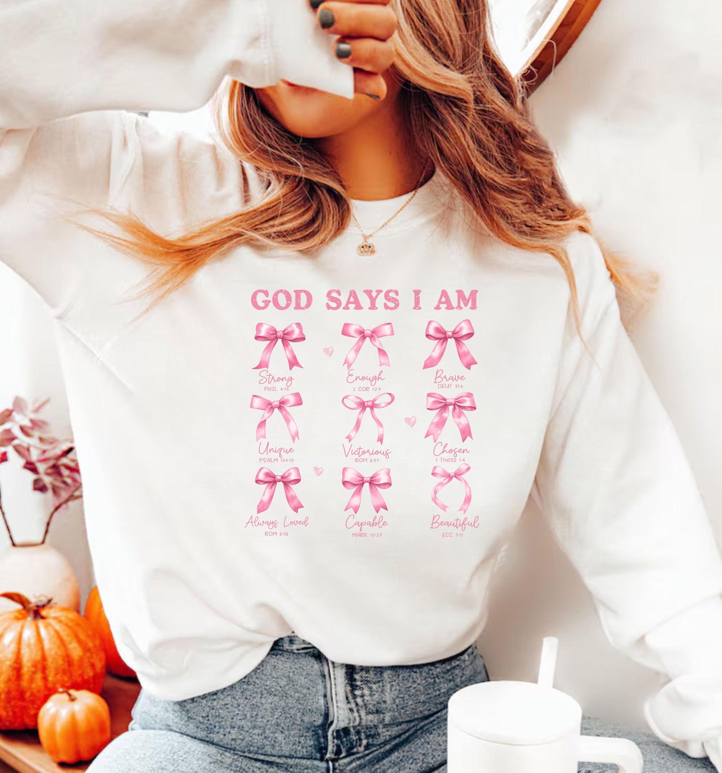 Christian Coquette Pink Bows Sweatshirt, God Says I Am Sweatshirt, Women's Christian balletcore Sweatshirt, Christian Girl Gifts, Faith Tee