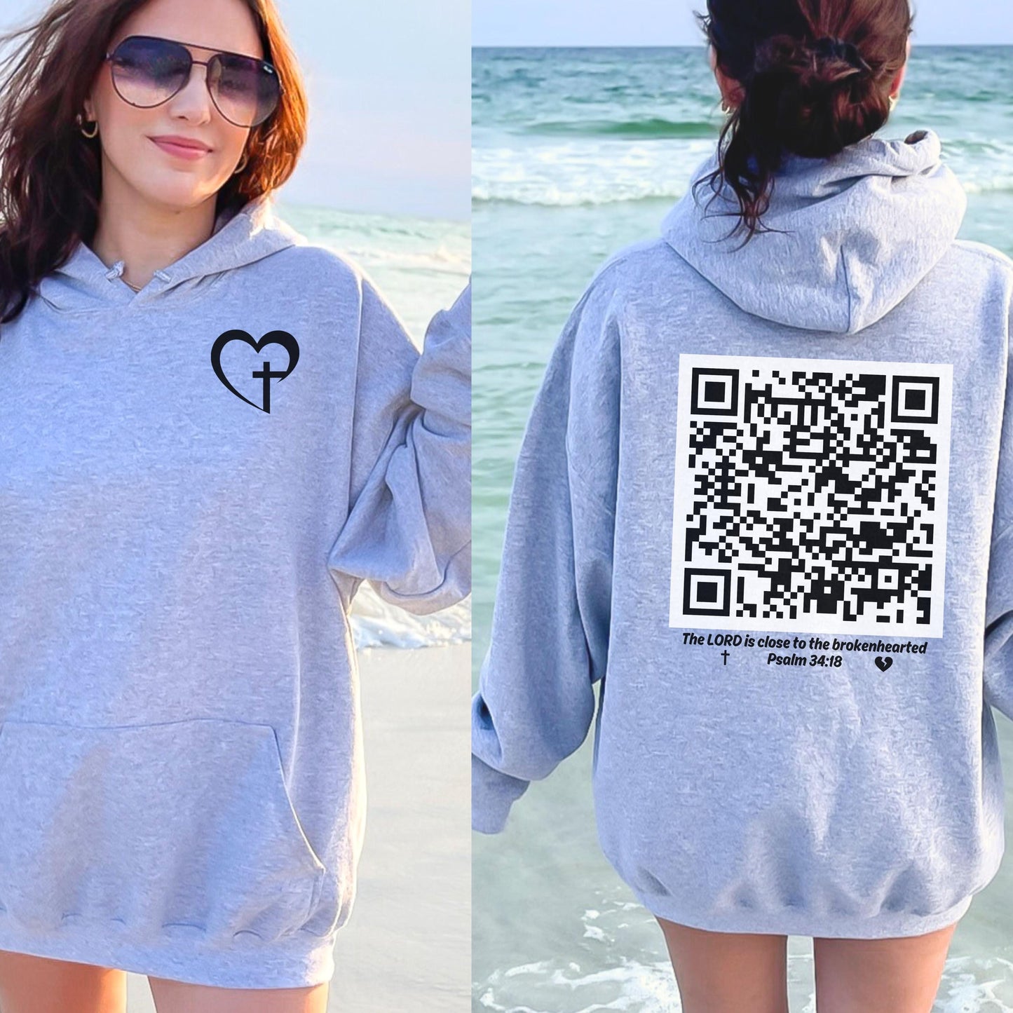 Christian QR Hoodie, Psalm 34:18 Bible Verse Sweatshirt, Religious Christian Gift, Womens Christian Hoodie, Inspirational Christian Apparel