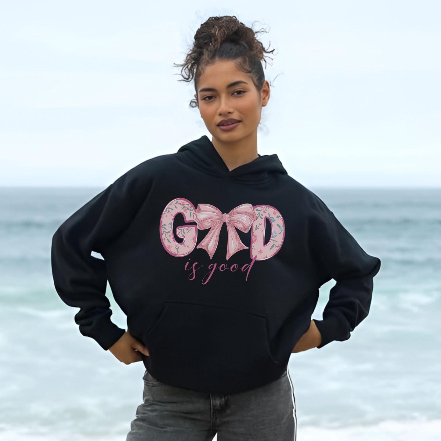 God is Good Coquette Pink Bow Hoodie, Christian Faith Sweatshirt, Religious Gift, Cute Pullover, Women's Christian Hoodie, Worship Apparel
