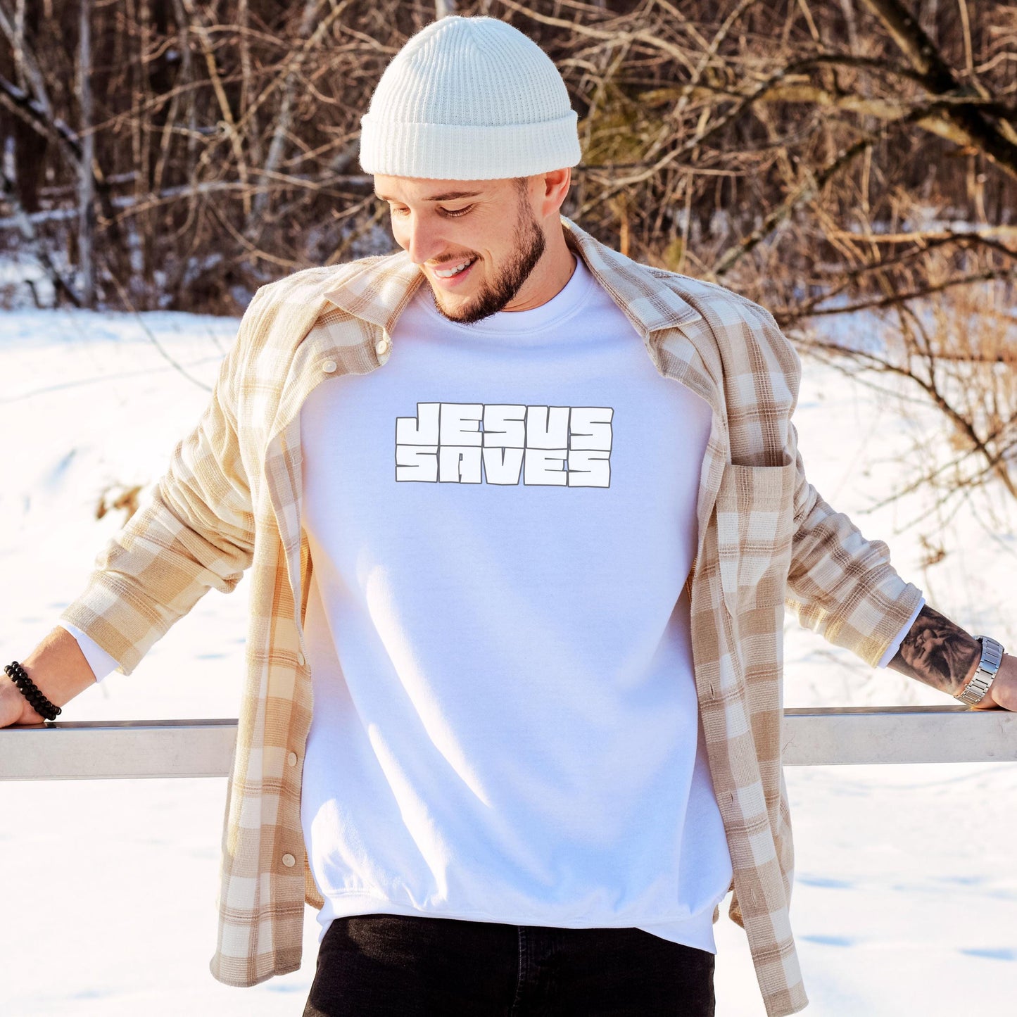 Jesus Saves Crewneck Sweatshirt, Mens Christian Sweatshirt, Religious Sweatshirt, Christian Clothing, Christian dad gift, Church Merch