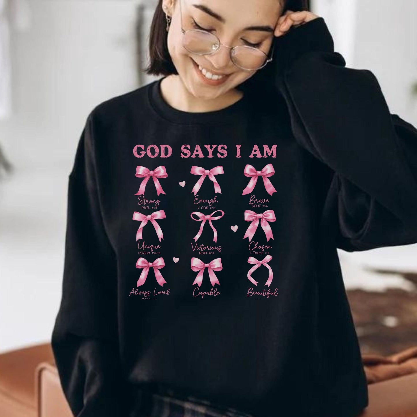 Christian Coquette Pink Bows Sweatshirt, God Says I Am Sweatshirt, Women's Christian balletcore Sweatshirt, Christian Girl Gifts, Faith Tee