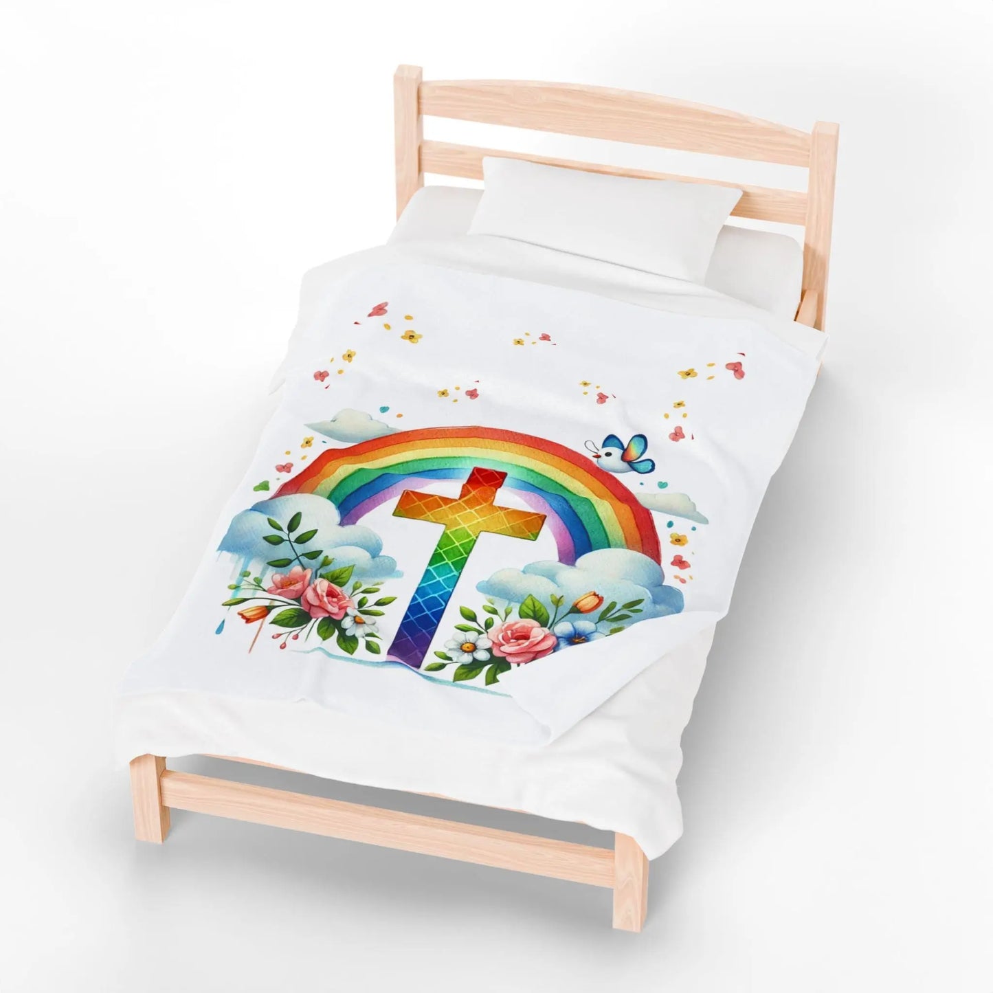 Christian Kids Blanket, Velveteen Plush Blanket, Rainbow and Cross Blanket, Rainbow Throw Blanket, Religious Youth Throw, Cozy Kids Blanket