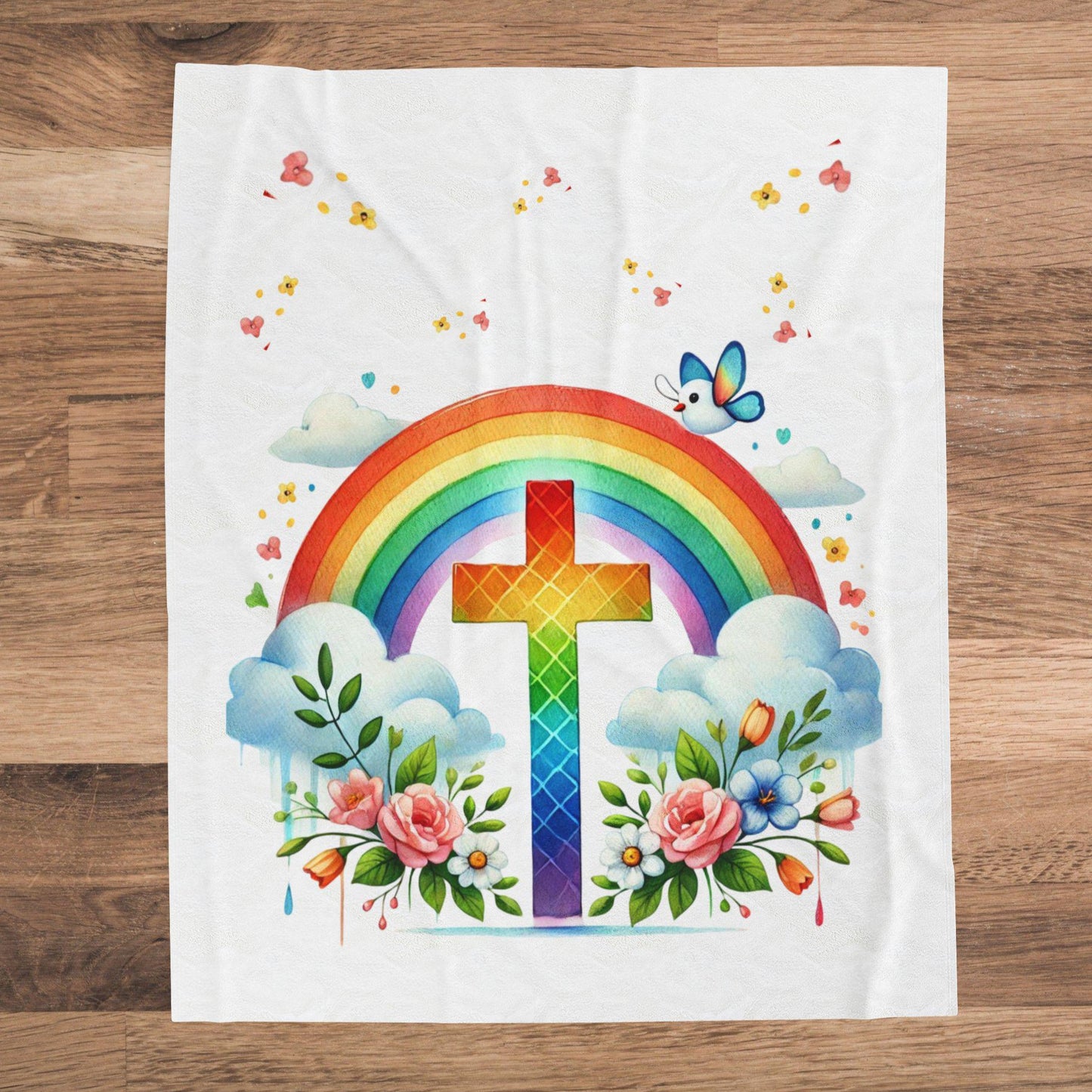 Christian Kids Blanket, Velveteen Plush Blanket, Rainbow and Cross Blanket, Rainbow Throw Blanket, Religious Youth Throw, Cozy Kids Blanket