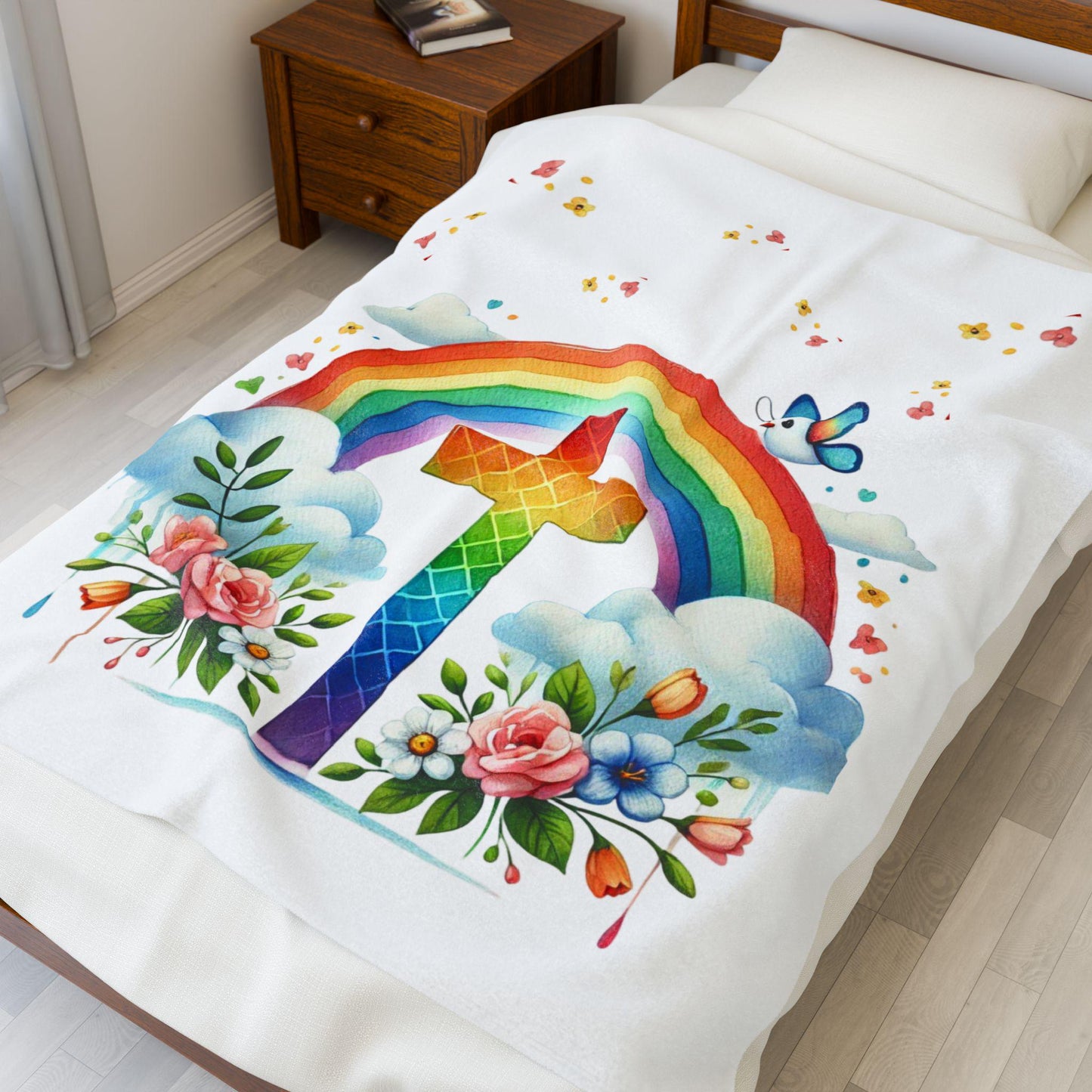 Christian Kids Blanket, Velveteen Plush Blanket, Rainbow and Cross Blanket, Rainbow Throw Blanket, Religious Youth Throw, Cozy Kids Blanket