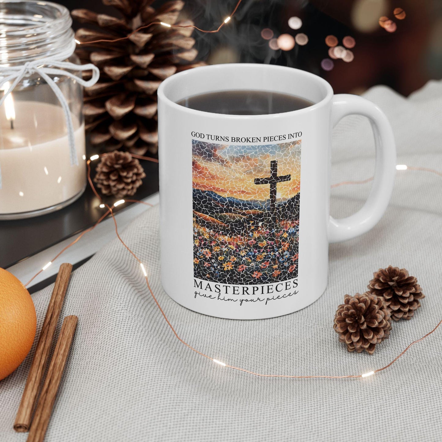 Christian Coffee Mug Gift for Christian, Broken Pieces into Masterpieces, Jesus Christian Mug, Faith gift, Religious Mug, Christian Gift