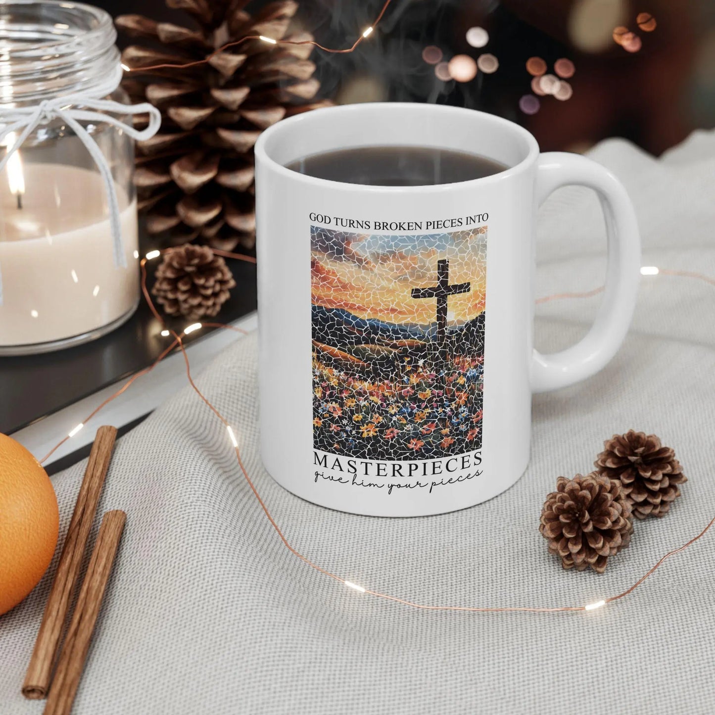 Christian Coffee Mug Gift for Christian, Broken Pieces into Masterpieces, Jesus Christian Mug, Faith gift, Religious Mug, Christian Gift