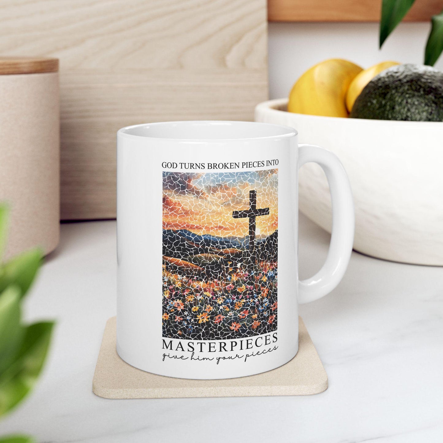 Christian Coffee Mug Gift for Christian, Broken Pieces into Masterpieces, Jesus Christian Mug, Faith gift, Religious Mug, Christian Gift