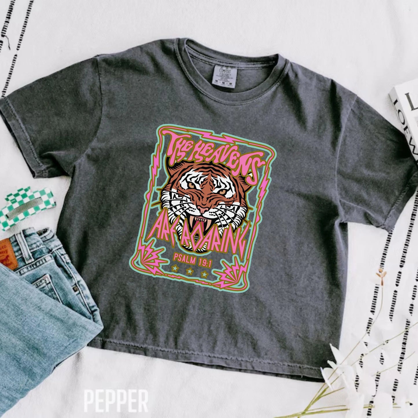 Christian Women's Boxy Tee, Tiger Art Crop Top, Heavens Are Roaring Shirt, Inspirational Graphic T-Shirt, Religious Women's Top