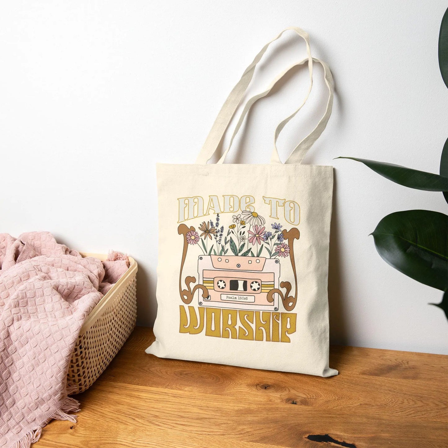 Made to Worship Cotton Canvas Tote Bag, Boho Tote for Church, Eco-Friendly Shopping Bag, Gifts for Her, Floral Art Tote, church merch