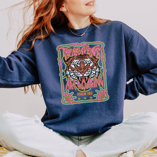 Christian Tiger Sweatshirt, Religious Graphic Pullover, Heaven Roaring Unisex Jumper, Faith Apparel, Religious Clothing