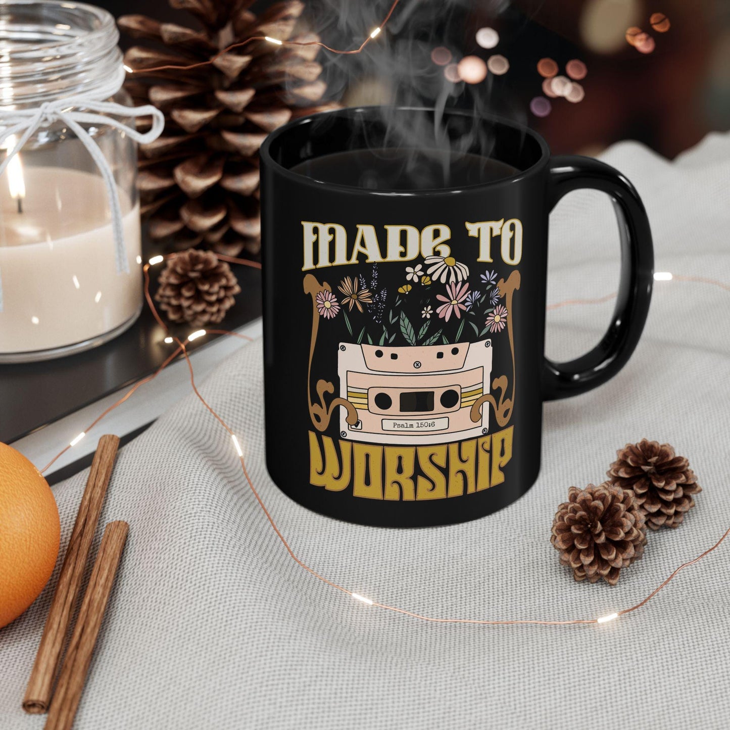 Christian Coffee Mug, Made to Worship, Christian men's Gift, Coffee Cup, Black Ceramic Tea Mug, Bible Verse gift, Gift for worship leader