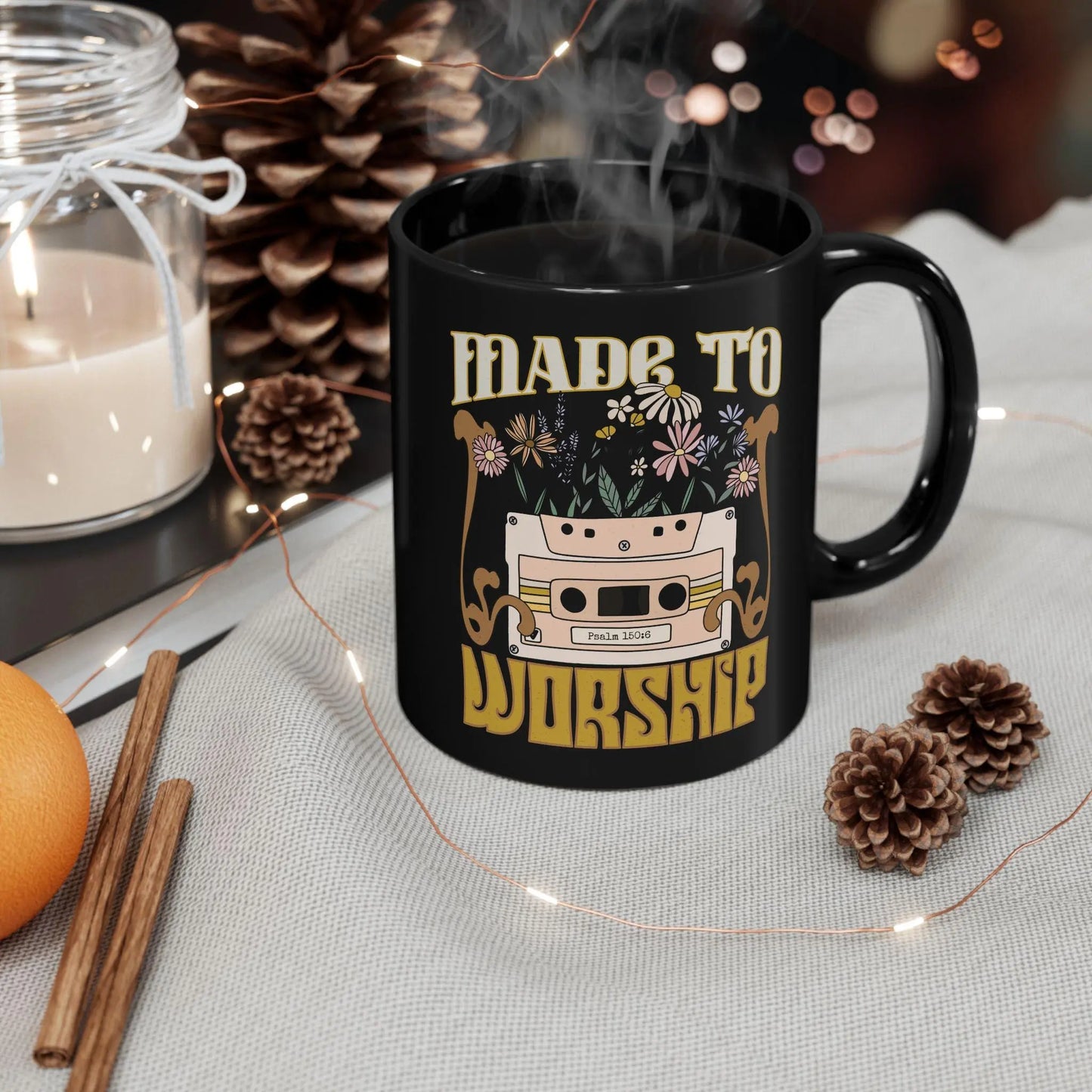Christian Coffee Mug, Made to Worship, Christian men's Gift, Coffee Cup, Black Ceramic Tea Mug, Bible Verse gift, Gift for worship leader