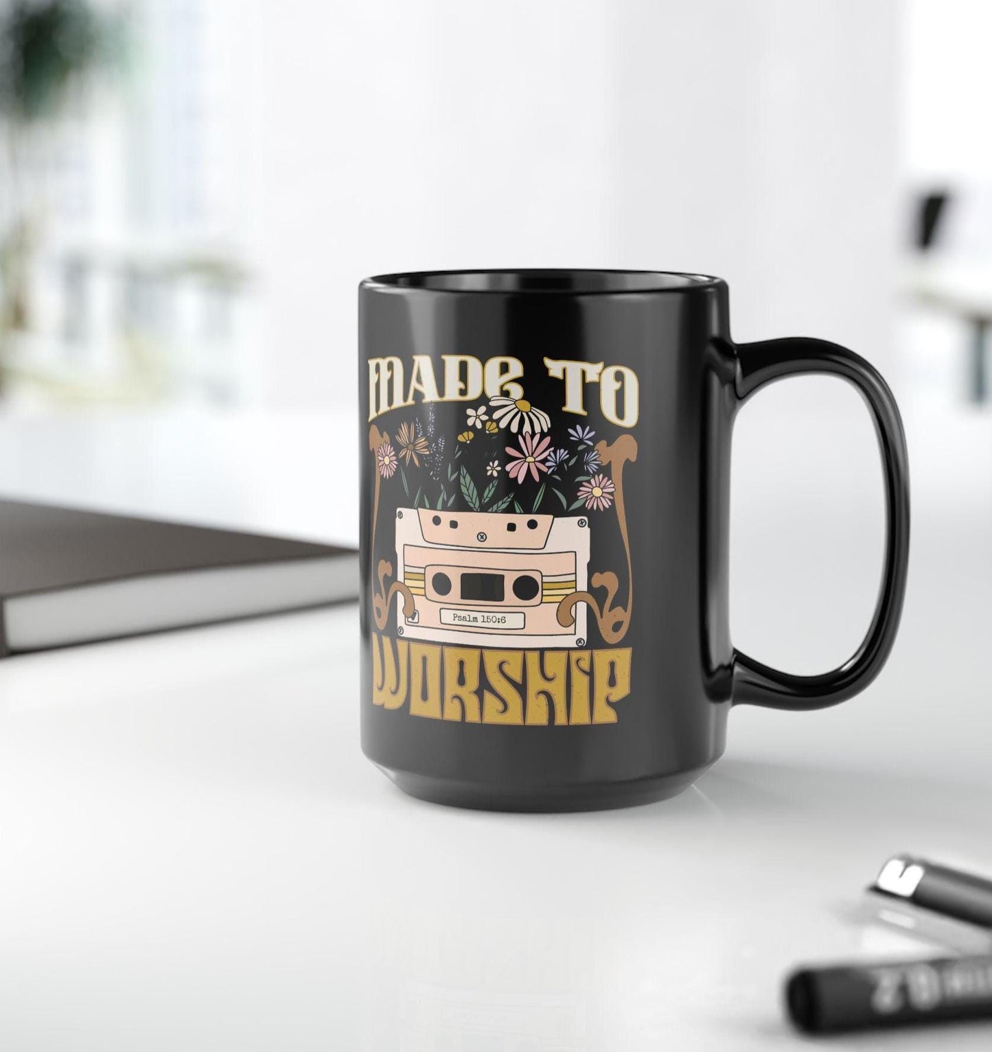 Christian Coffee Mug, Made to Worship, Christian men's Gift, Coffee Cup, Black Ceramic Tea Mug, Bible Verse gift, Gift for worship leader