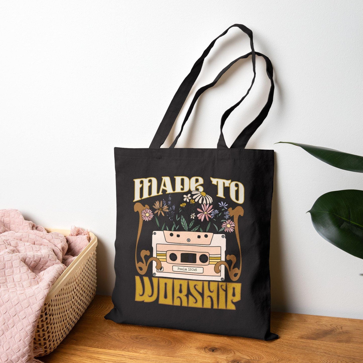 Made to Worship Cotton Canvas Tote Bag, Boho Tote for Church, Eco-Friendly Shopping Bag, Gifts for Her, Floral Art Tote, church merch