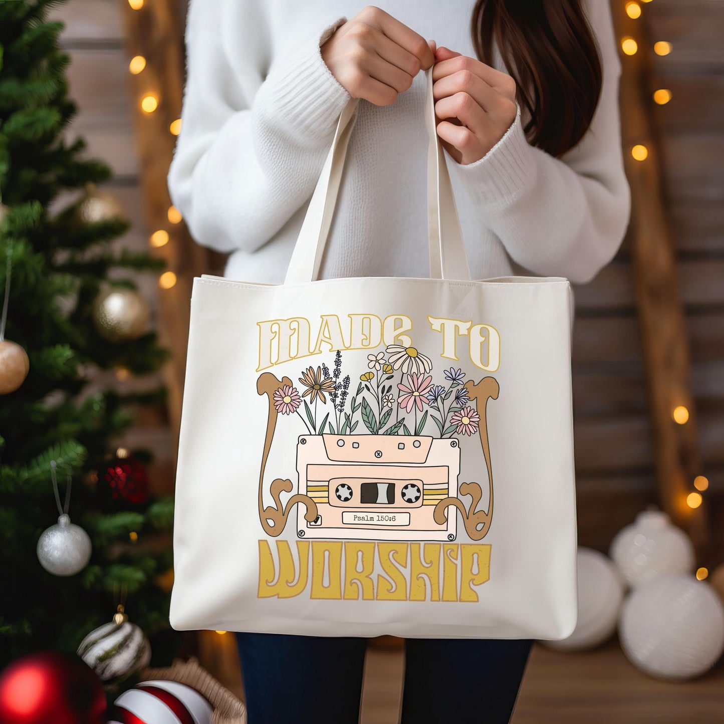 Made to Worship Cotton Canvas Tote Bag, Boho Tote for Church, Eco-Friendly Shopping Bag, Gifts for Her, Floral Art Tote, church merch