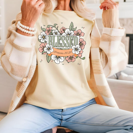 Blessed Floral T-Shirt, Women's Christian Shirt, Jesus Lover Gift, Easter Shirt, Bible Verse Shirt, Blessed Shirt, faith gift, He is risen