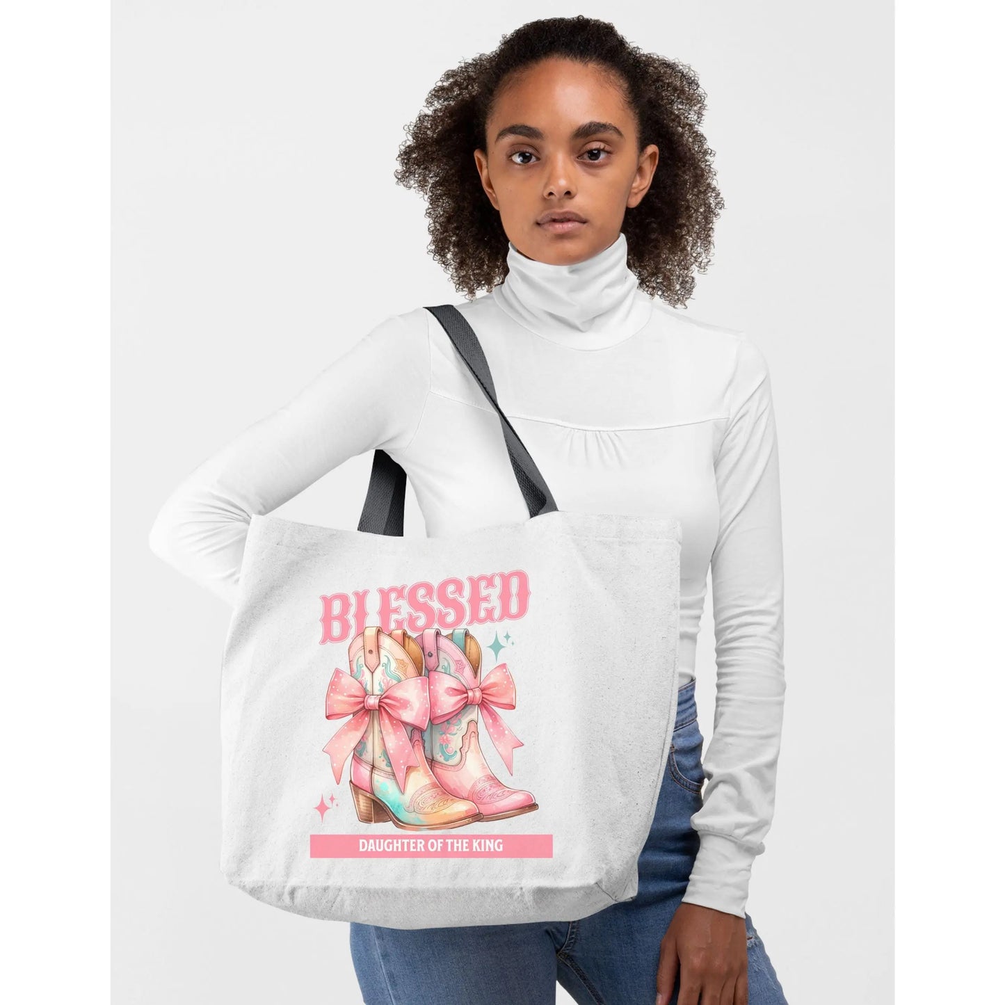 Christian Blessed Tote Bag, Daughter of the King Gift Bag, Inspirational Shoulder Bag, Religious Cotton Tote, Christian Women's Tote, Faith