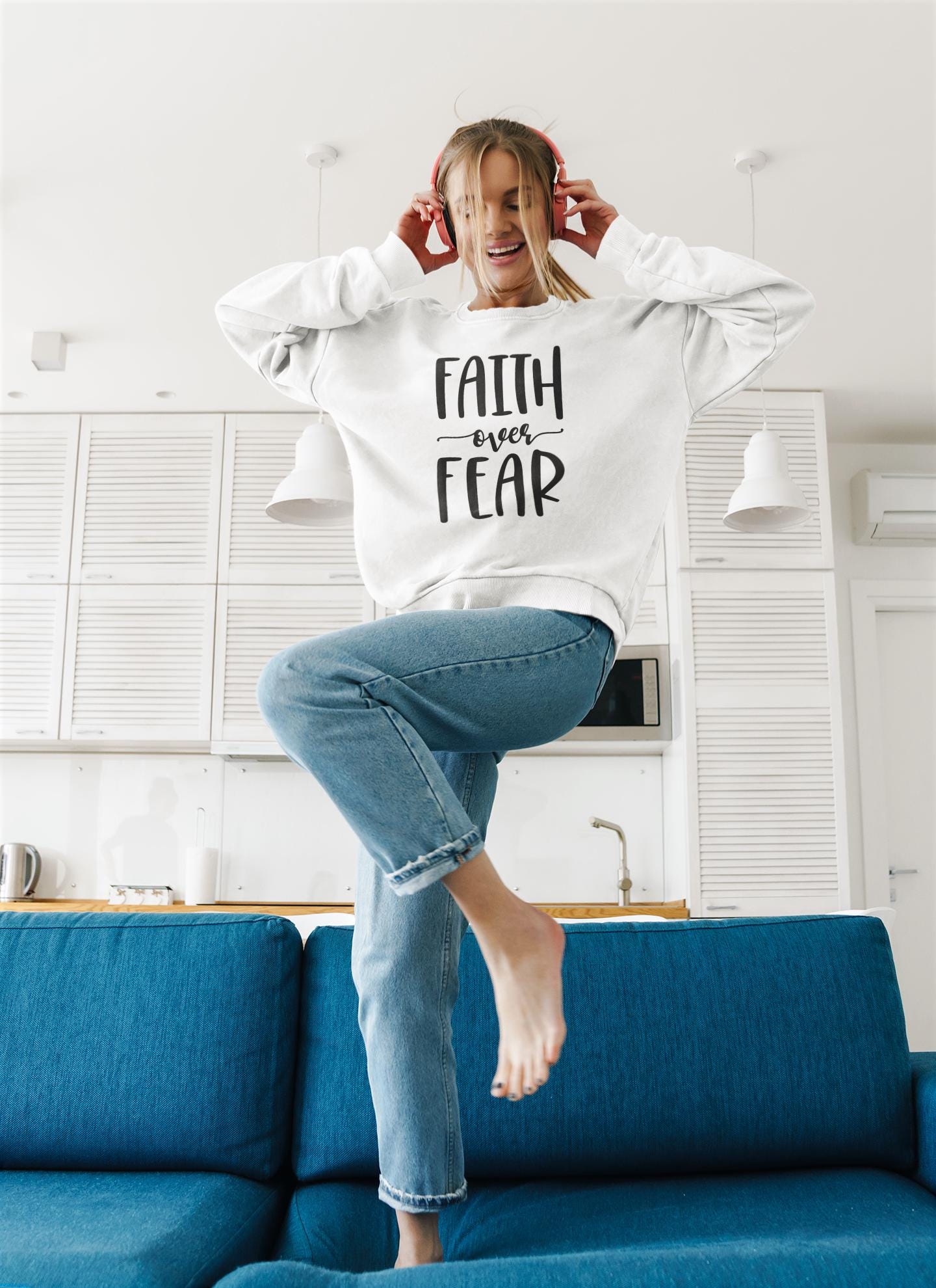 Faith Over Fear Sweatshirt – Christian Women’s Gildan 18000 Crewneck – Bible Verse Sweater – Christian mom Gift – Faith Based Apparel