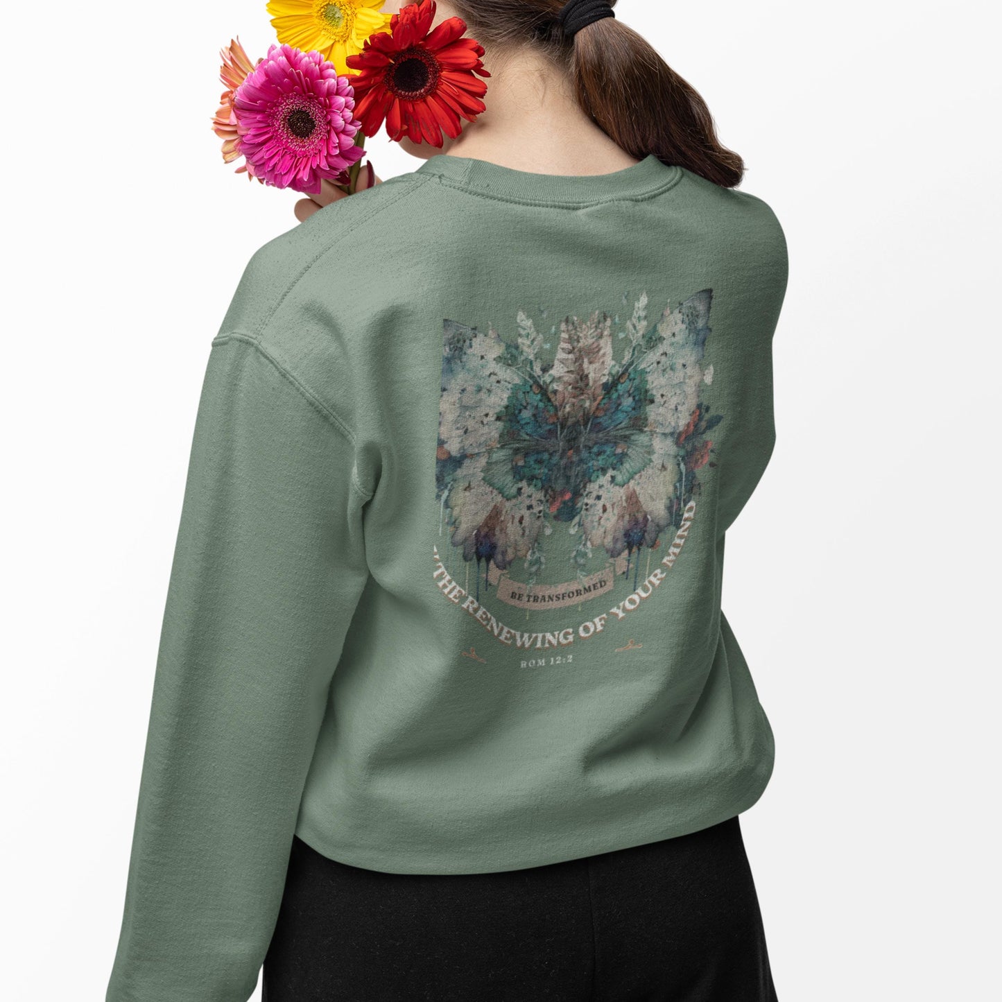 Romans 12:2 Butterfly Sweatshirt – Women’s Christian Comfort Colors Crewneck – Be Transformed Butterfly Sweatshirt – Bible Verse Gift