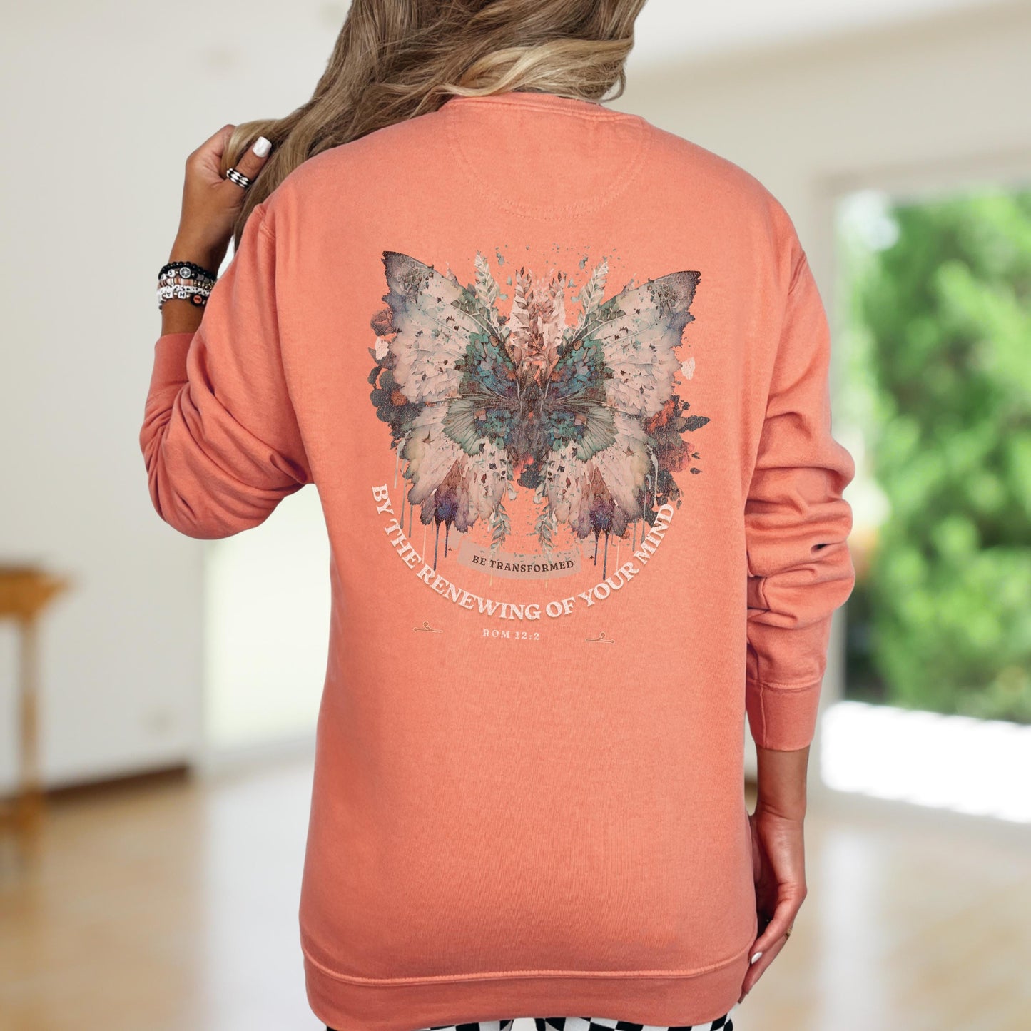 Romans 12:2 Butterfly Sweatshirt – Women’s Christian Comfort Colors Crewneck – Be Transformed Butterfly Sweatshirt – Bible Verse Gift