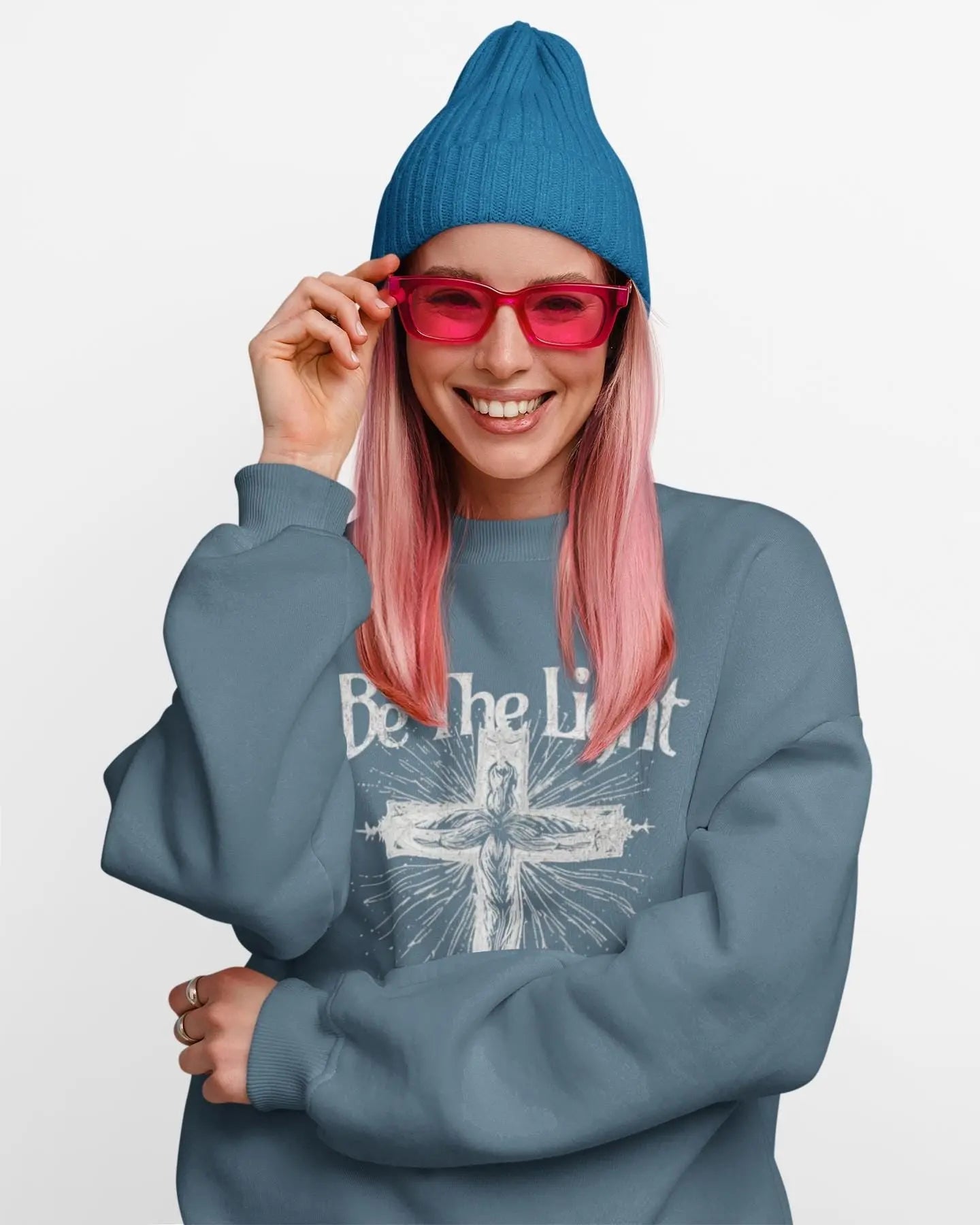 Christian Women’s Sweatshirt – Be the Light Crewneck with Cross – Faith Inspired Religious Gift – Scripture Apparel for Her