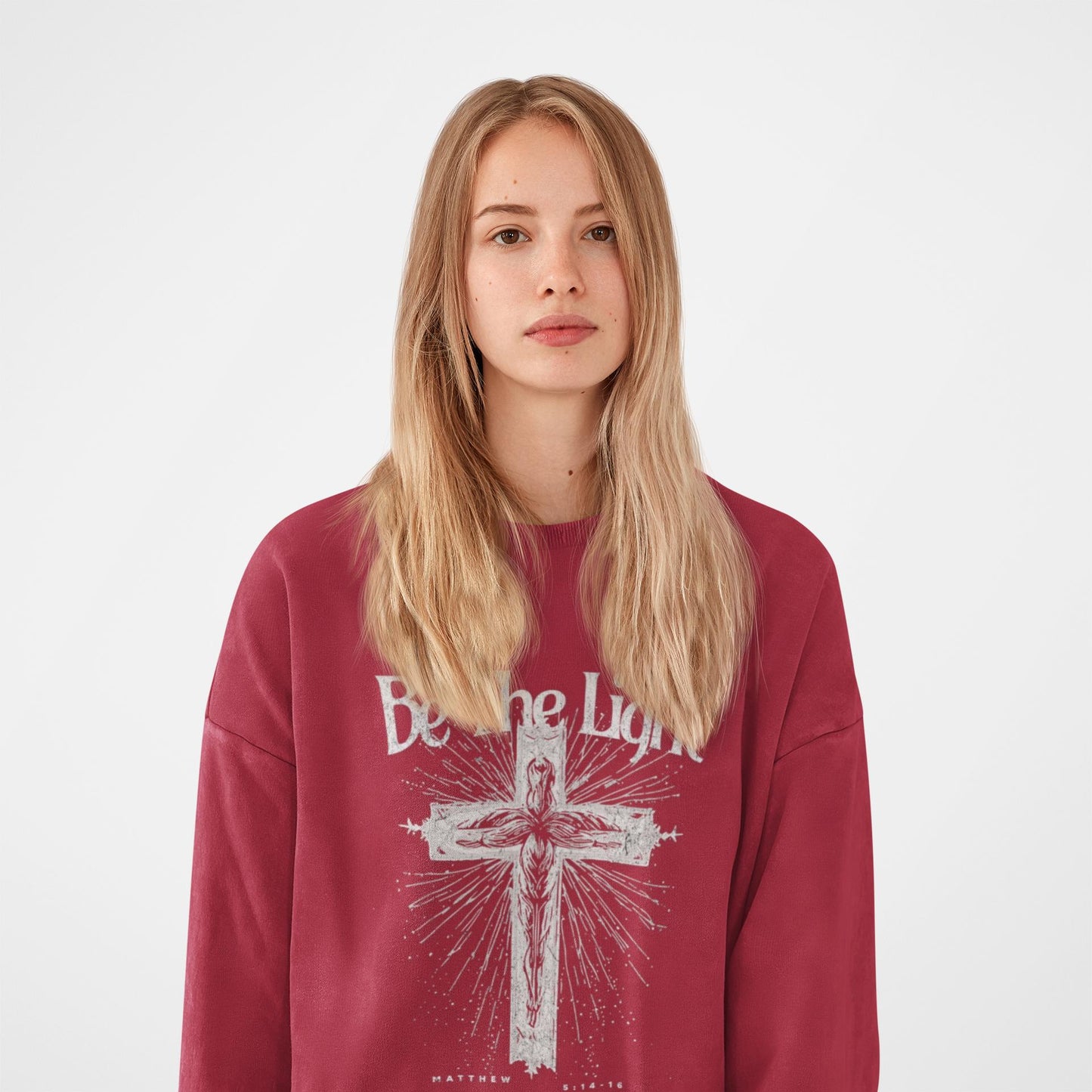 Christian Women’s Sweatshirt – Be the Light Crewneck with Cross – Faith Inspired Religious Gift – Scripture Apparel for Her