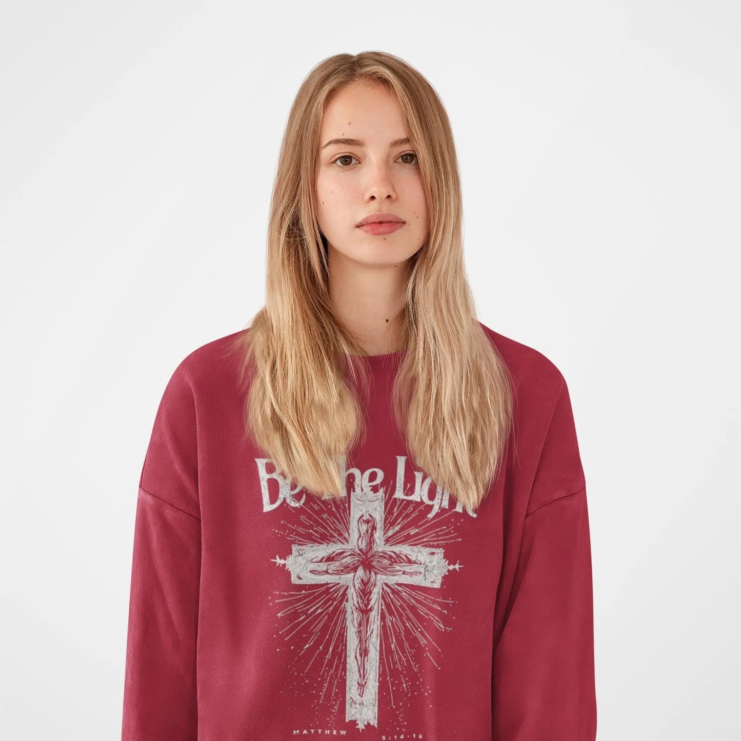 Christian Women’s Sweatshirt – Be the Light Crewneck with Cross – Faith Inspired Religious Gift – Scripture Apparel for Her