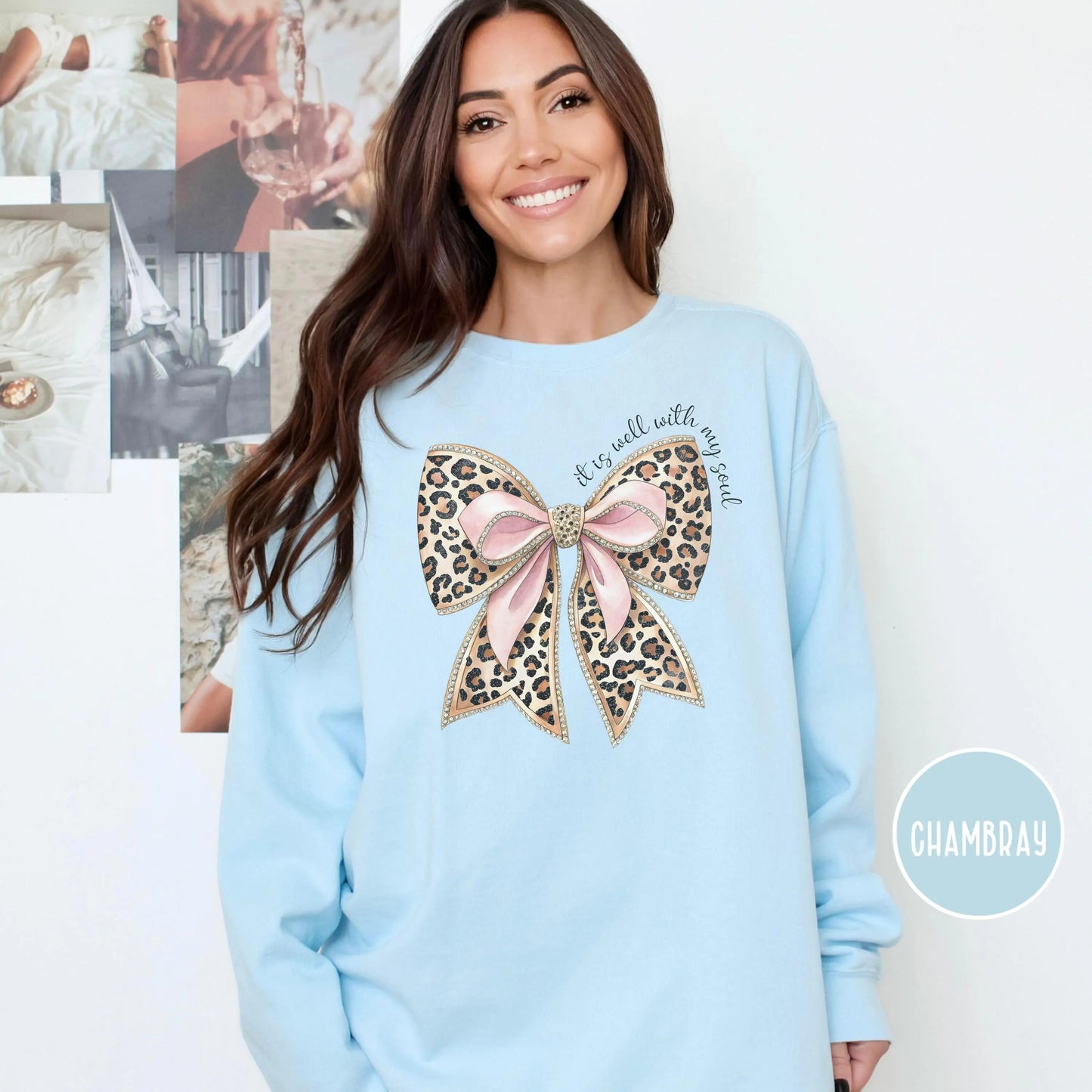 Leopard Print Bow with Pink Ribbon Sweatshirt | It Is Well Crewneck | Christian Gift For Women