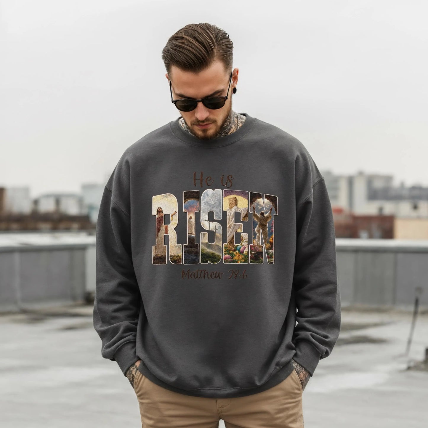 He Is Risen Christian Sweatshirt | Matthew 28:6 Faith Crewneck | Resurrection of Jesus Graphic Clothing | Easter Christian Apparel