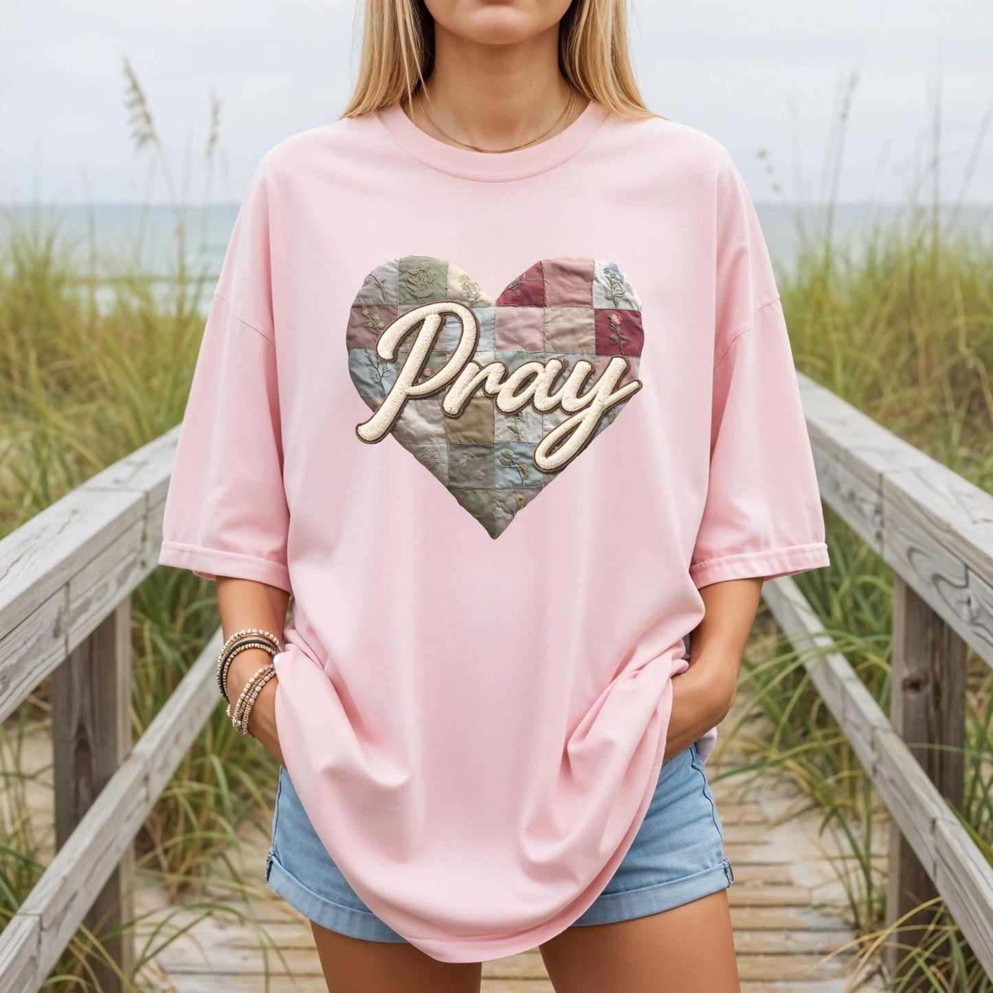 Pray Comfort Colors T-Shirt, Faux Patchwork shirt, Christian Graphic Tee, Faith Based Shirt, Prayer Heart Design