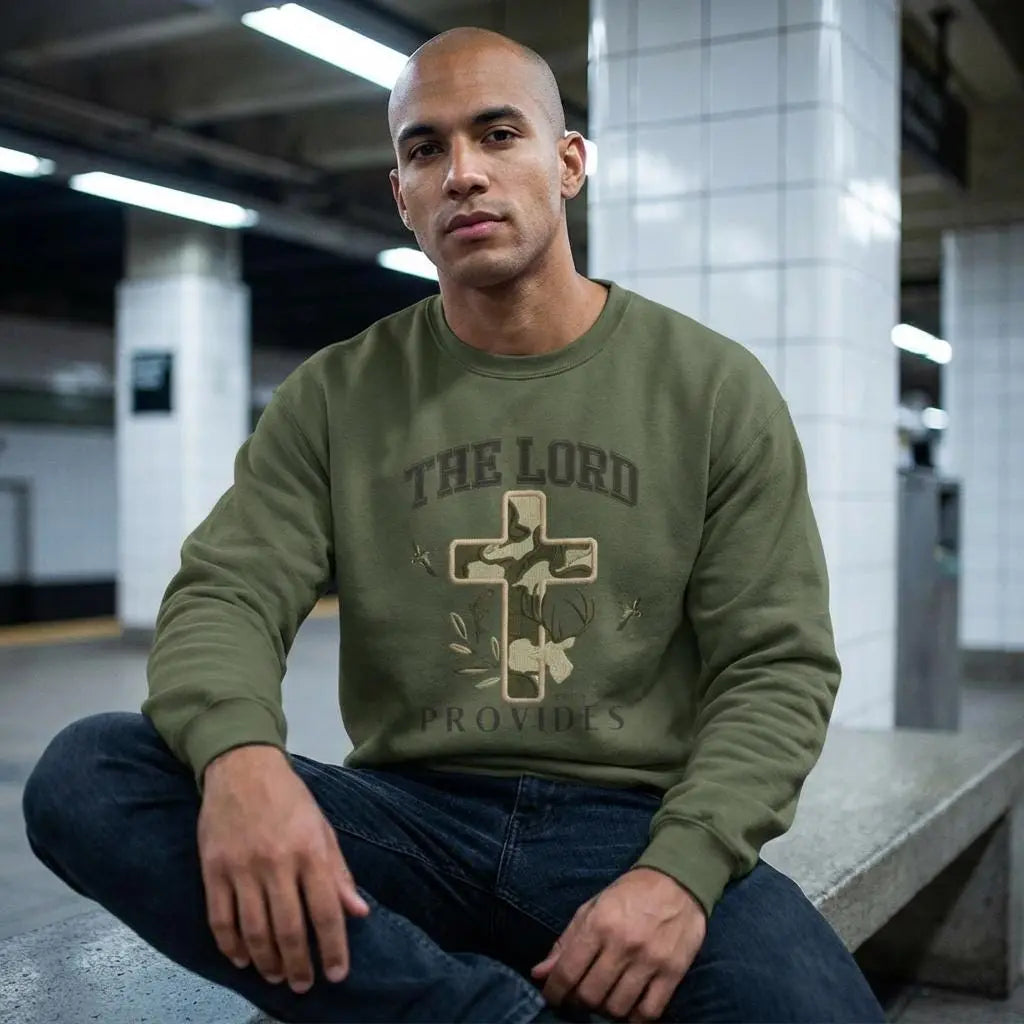The Lord Provides Faux Patchwork Sweatshirt - Trendy Christian Sweatshirt - Mens Christian Apparel - Gift for Christian Husband