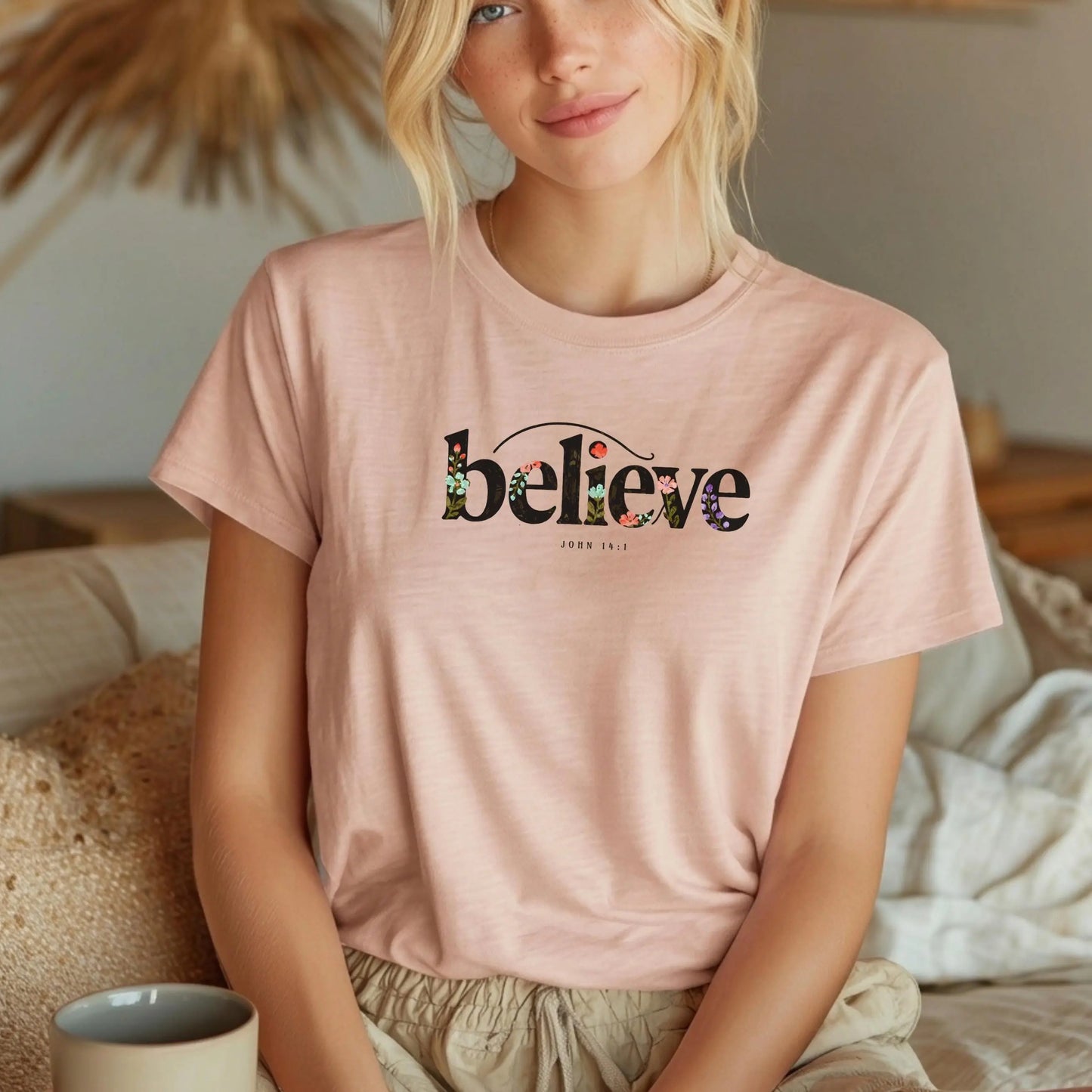 Believe Floral Christian Shirt, John 14:1 Bible Verse Tee, Cute Faith T-Shirt for Women, Minimal Christian Apparel, Gift Idea