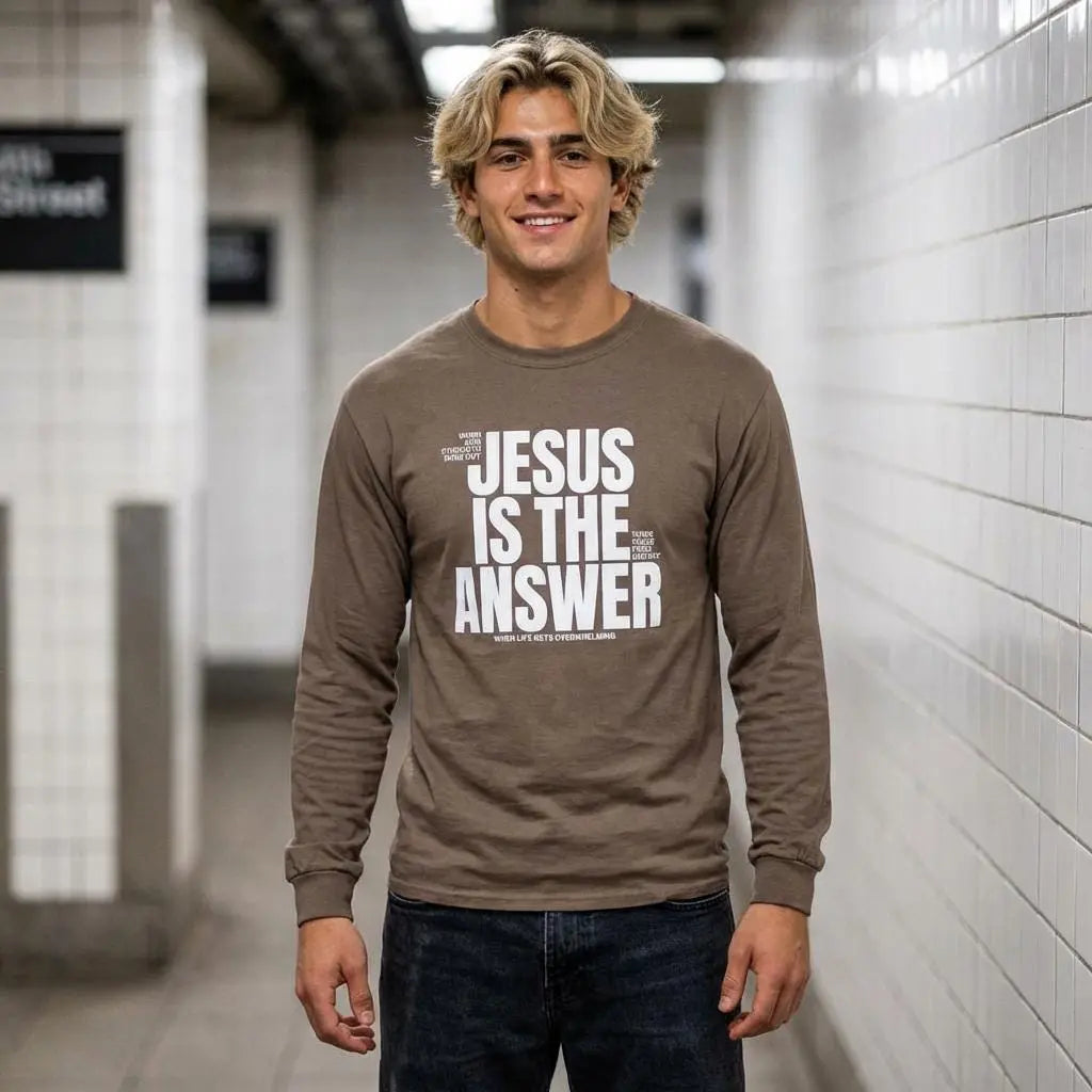 Jesus Is The Answer Crewneck | Christian Long Sleeve Tee | Trendy Faith Apparel | Gift for Christian Men