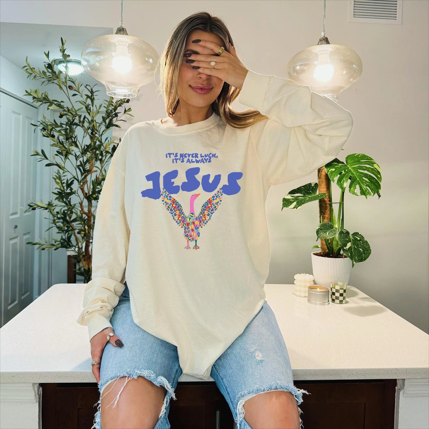 Christian Long Sleeve Shirt “It’s Never Luck, It’s Always Jesus” | Comfort Colors Christian Apparel | Faith-Based Graphic Tee