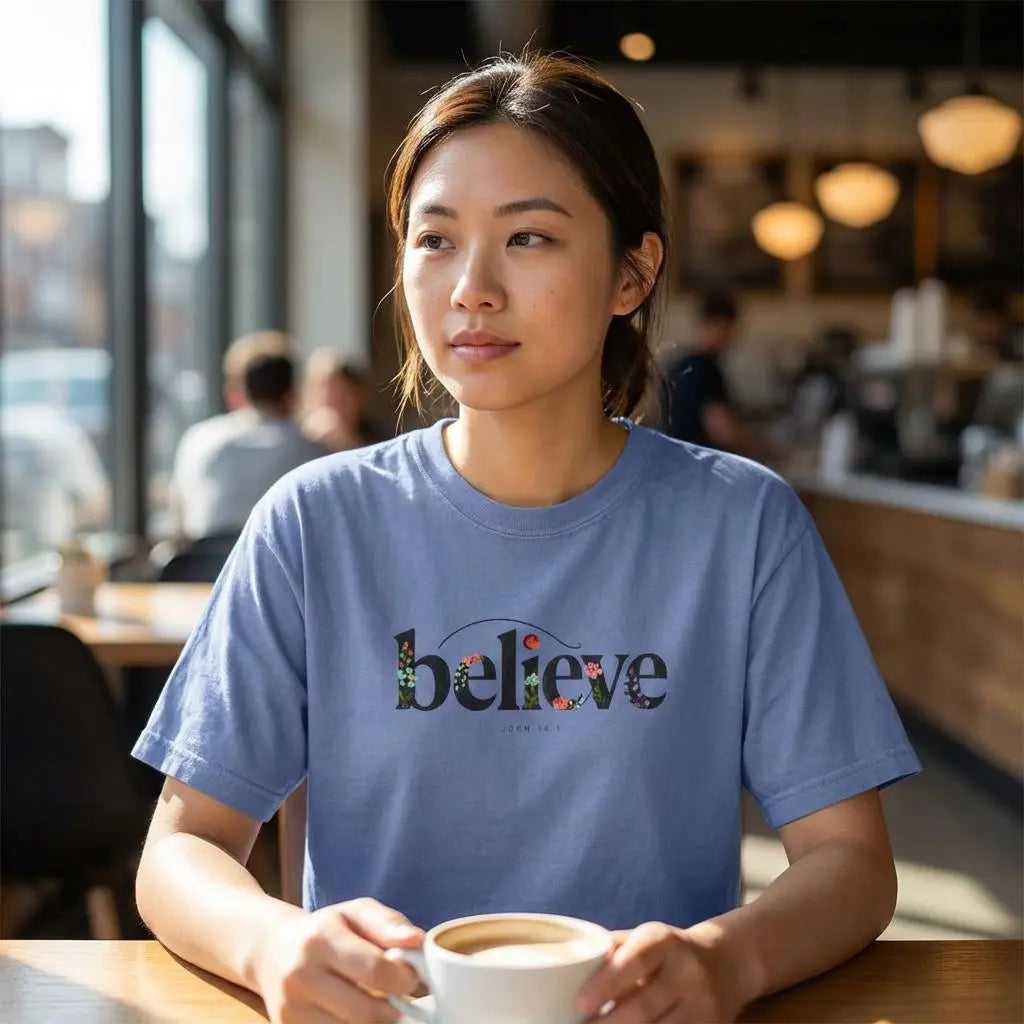 Believe Floral Christian Shirt, John 14:1 Bible Verse Tee, Cute Faith T-Shirt for Women, Minimal Christian Apparel, Gift Idea