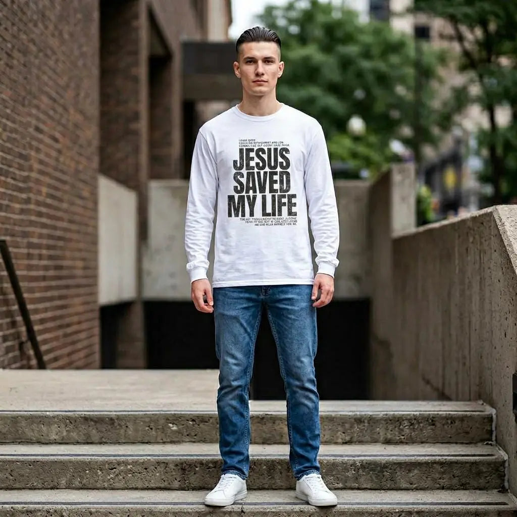 Jesus Saved My Life Shirt | Comfort Colors Long Sleeve Christian Tee | Bible Verse Shirt | Faith Based Apparel | Mens Religious Gift