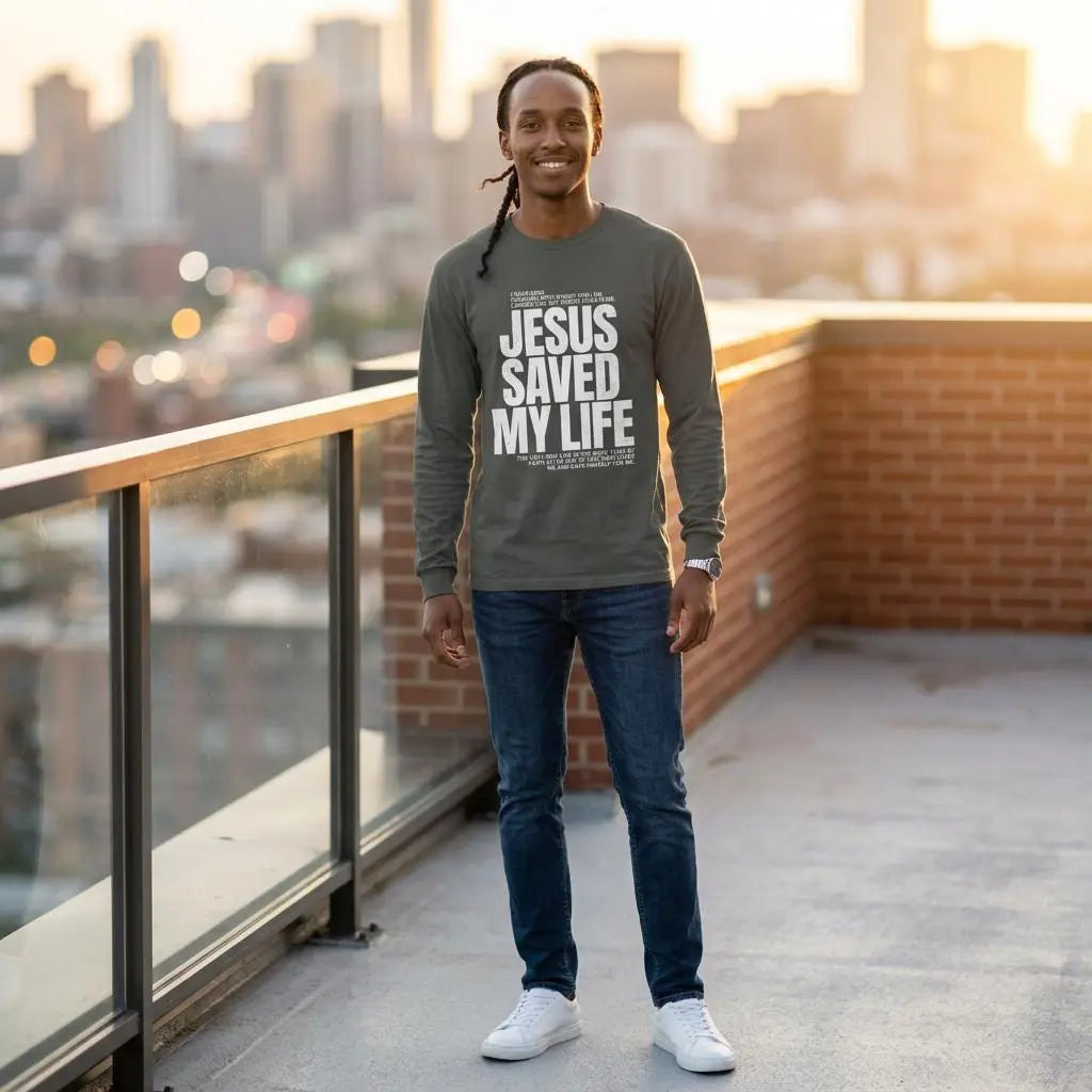 Jesus Saved My Life Shirt | Comfort Colors Long Sleeve Christian Tee | Bible Verse Shirt | Faith Based Apparel | Mens Religious Gift