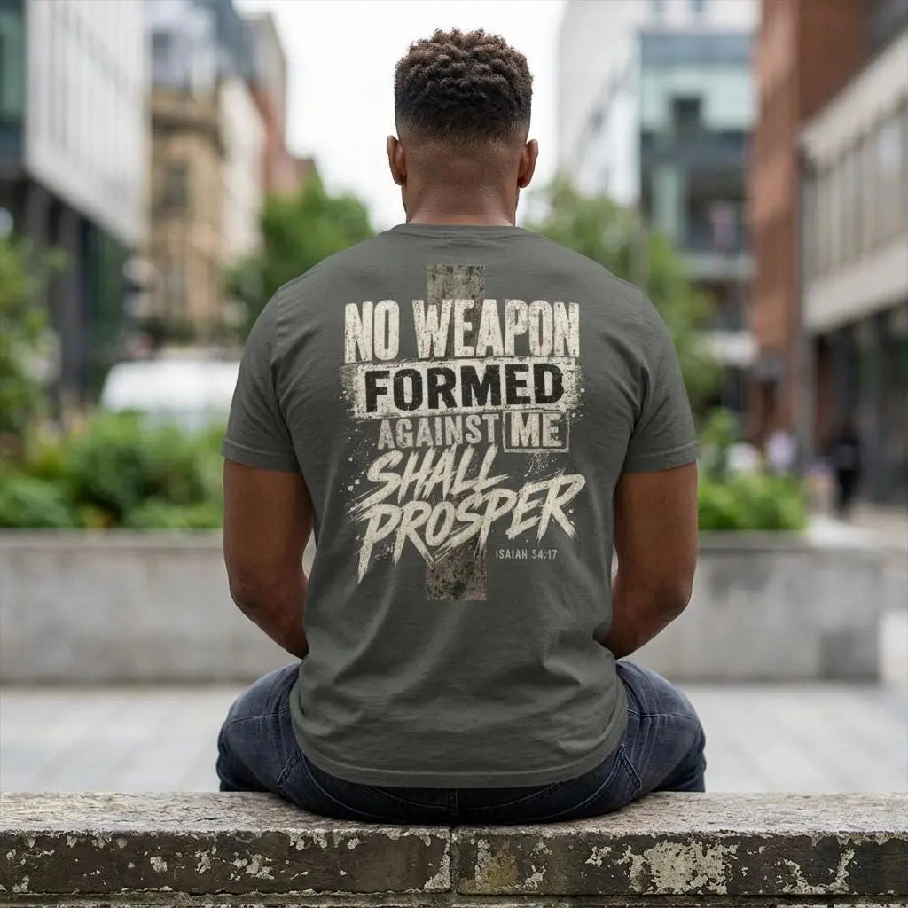 Mens Christian Comfort Colors Shirt | Faith-Based Christian Tee for Men| No Weapon Formed Against Me Shirt | Isaiah 54:17 Christian T-Shirt