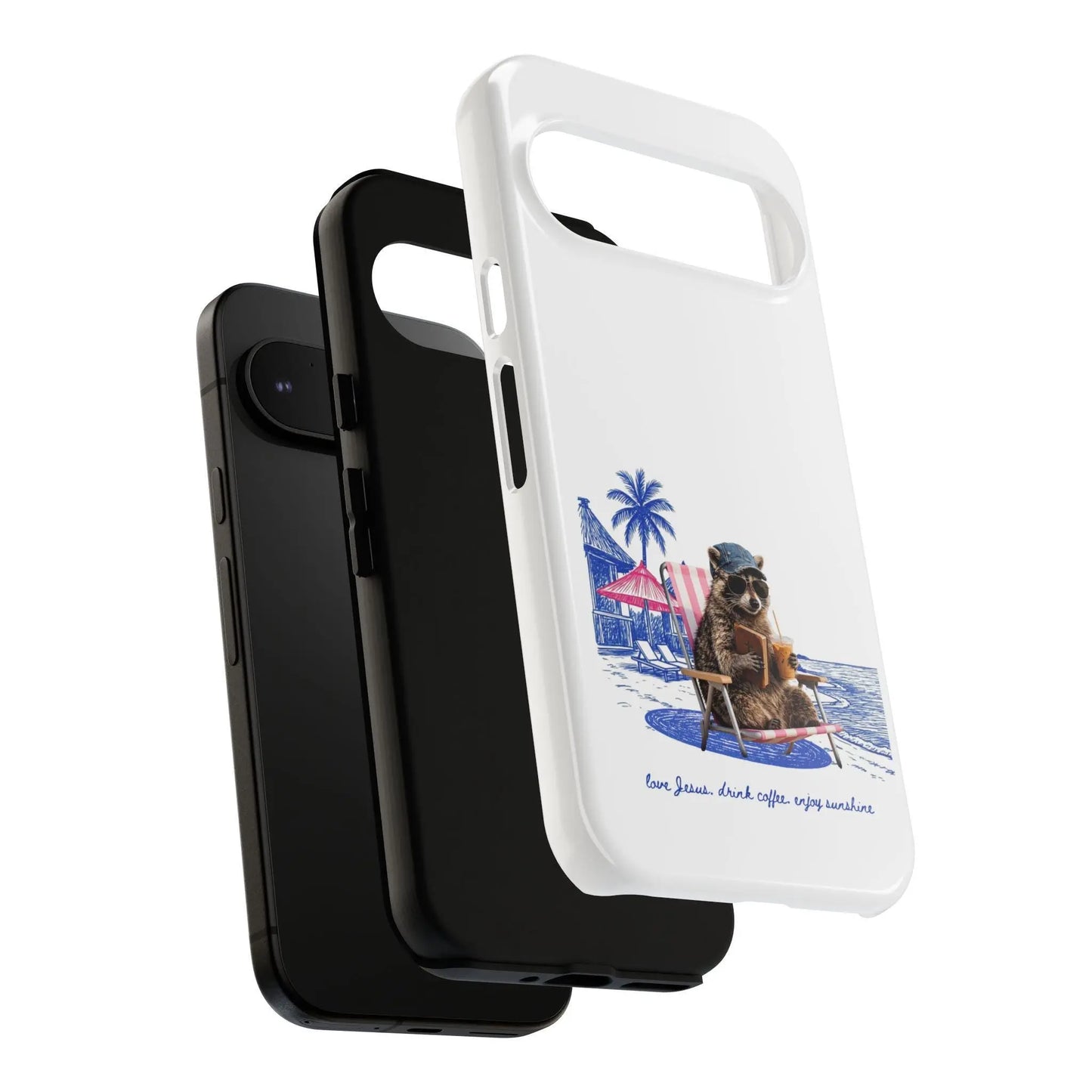 Cute Christian Phone Case, Beach Raccoon Phone Cover, Love Jesus Drink Coffee Enjoy Sunshine, Christian Gift for Women