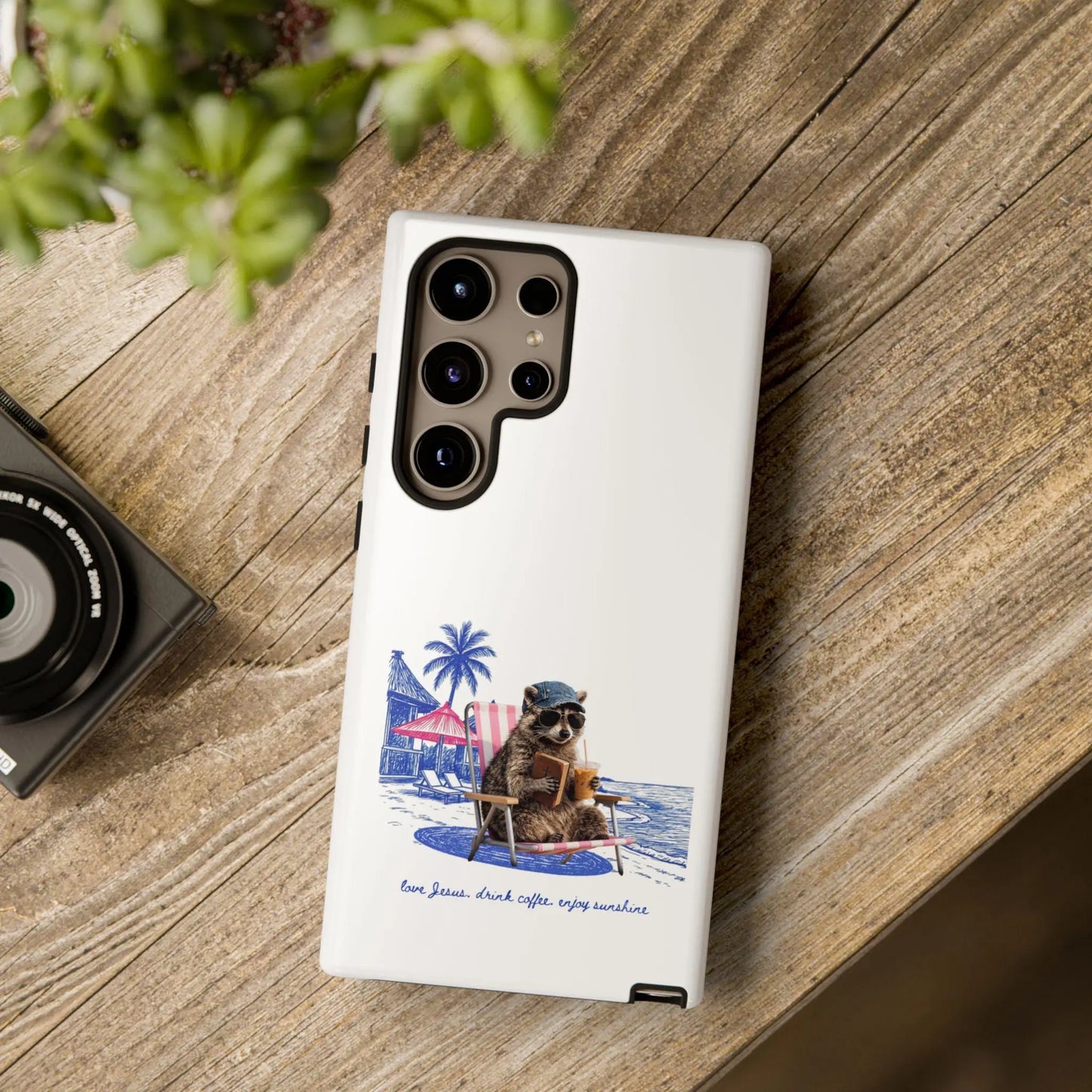 Cute Christian Phone Case, Beach Raccoon Phone Cover, Love Jesus Drink Coffee Enjoy Sunshine, Christian Gift for Women