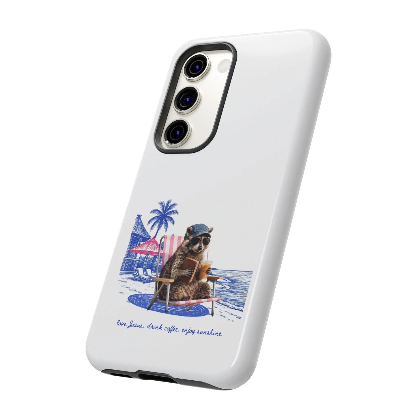 Cute Christian Phone Case, Beach Raccoon Phone Cover, Love Jesus Drink Coffee Enjoy Sunshine, Christian Gift for Women