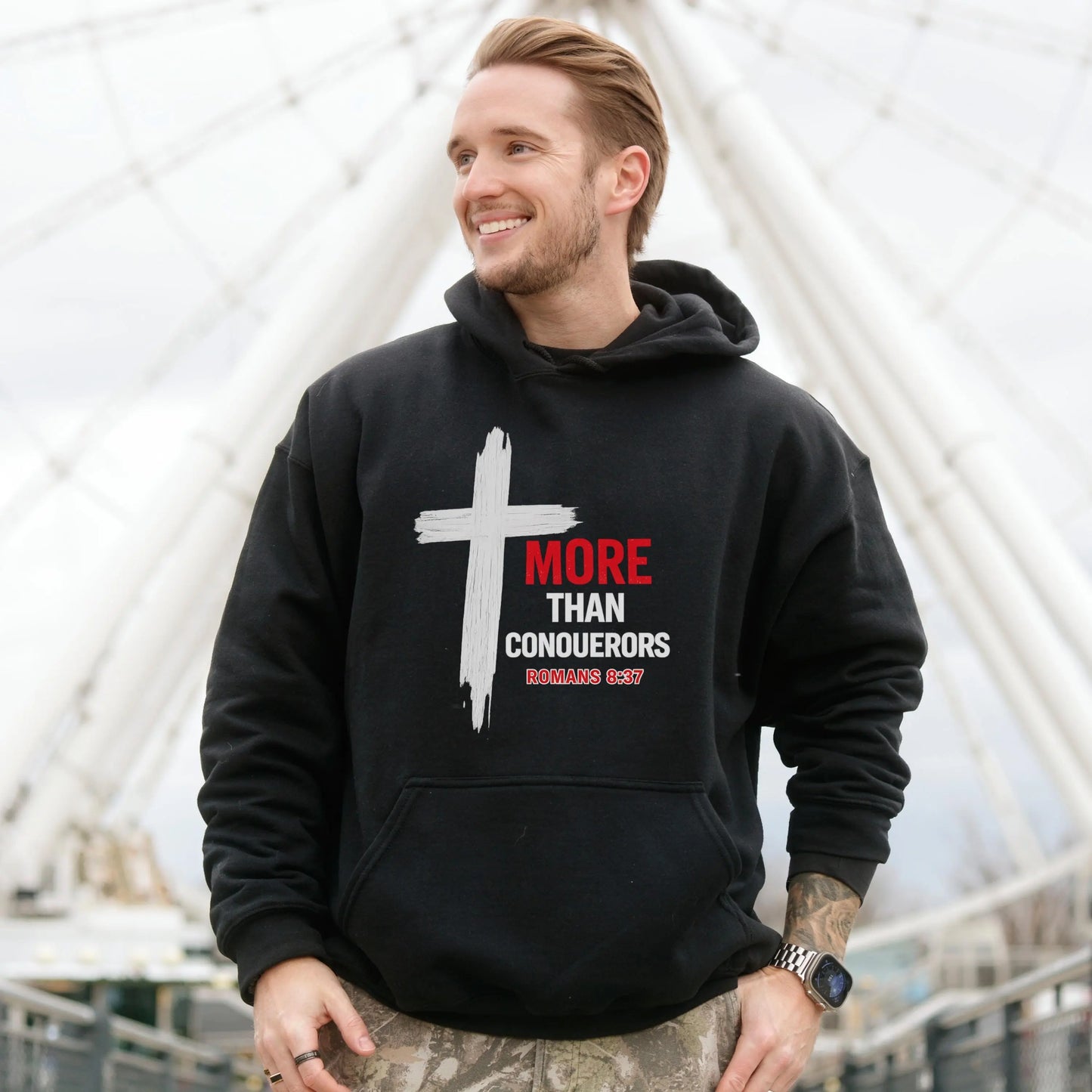 More Than Conquerors Hoodie, Mens Faith Hoodie, Mens Faith Apparel, Faith Based Sweatshirt, Christian Mens Hoodie, Youth Pastor Gift