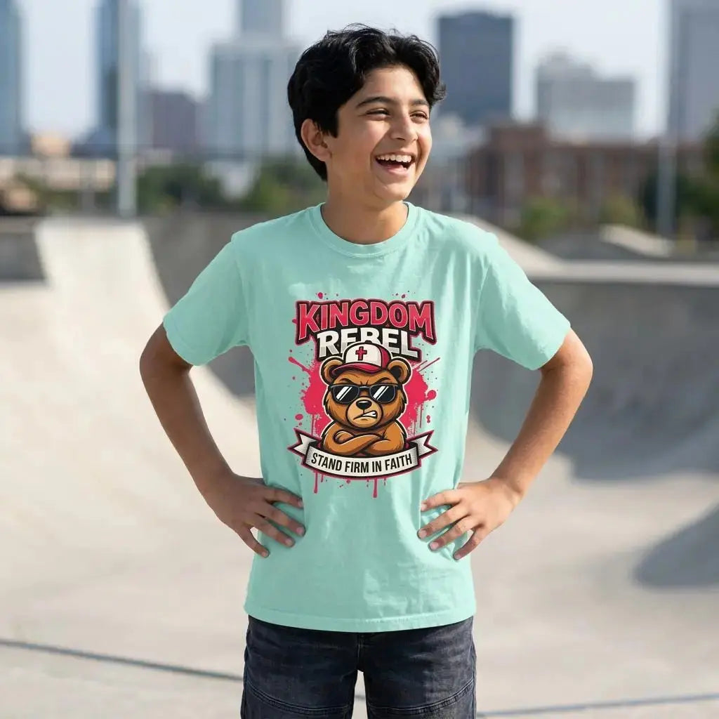 Kingdom Rebel Christian Youth Tee | Faith Based Youth Gift | Cool Church Tee | Christian Streetwear for Kids | Faith-Based Graphic T-Shirt