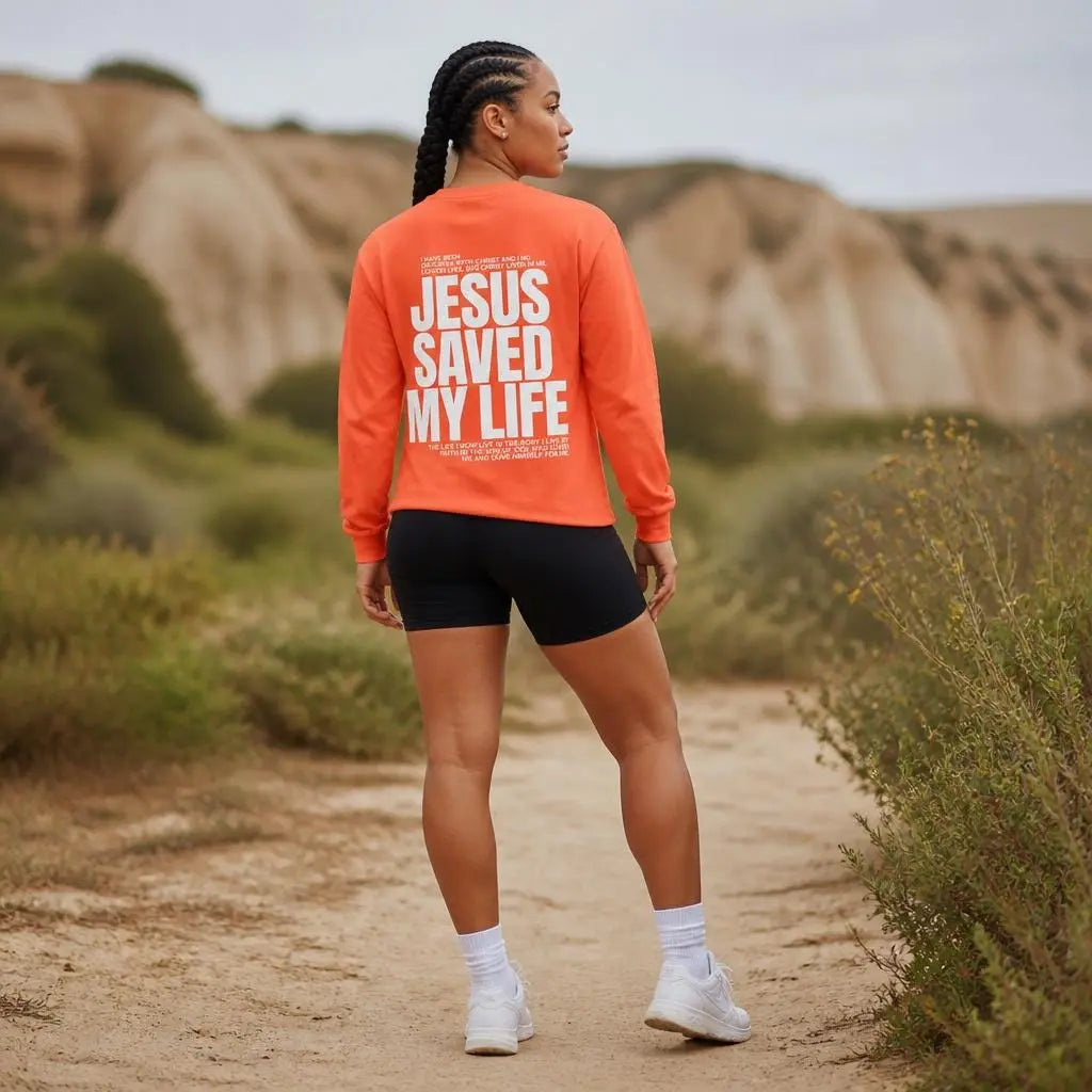 Jesus Saved My Life Long Sleeve Shirt, Faith-Based Graphic Tee, Faith Gift for Her , A Child of God tee, Trendy Christian Top