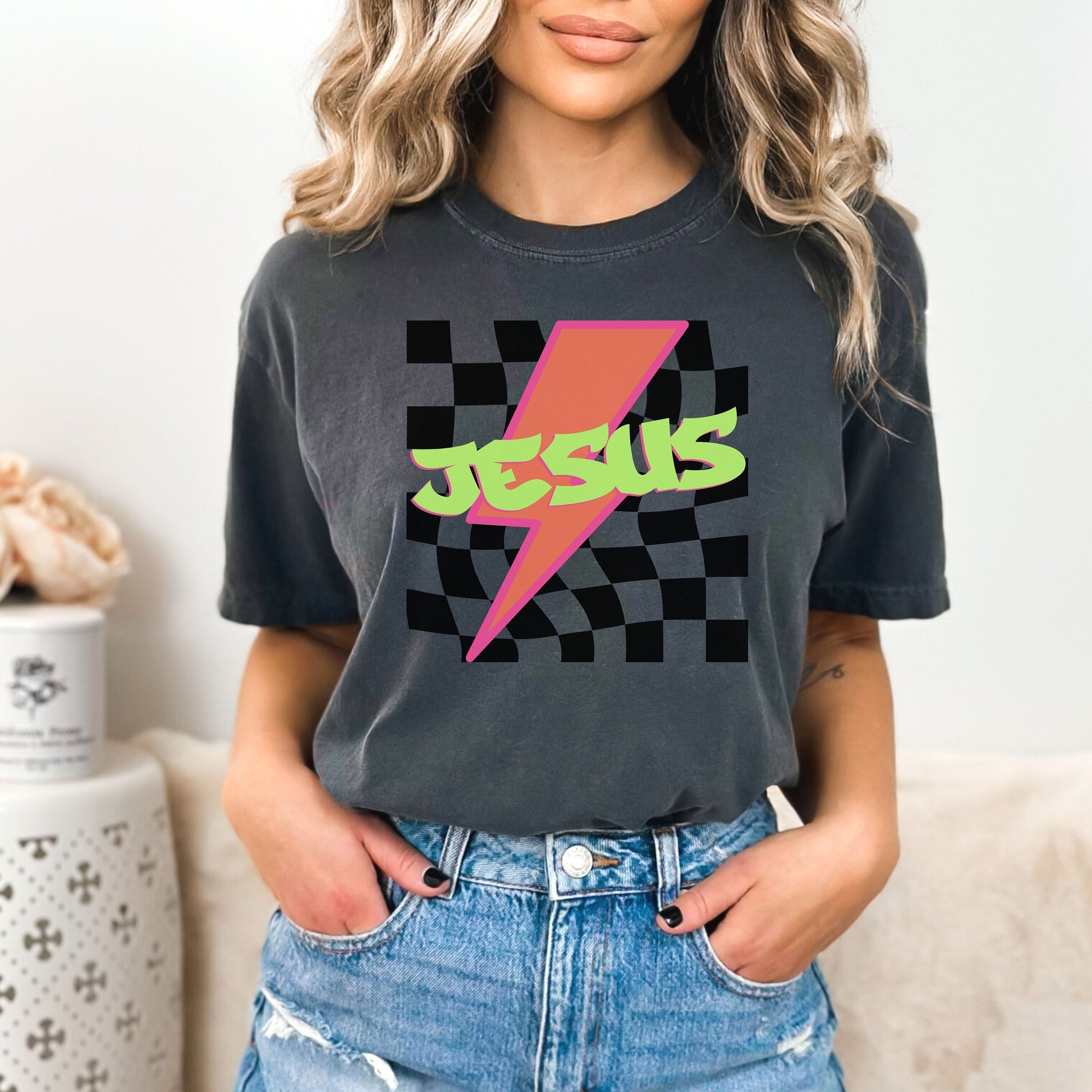 Jesus Checkered Tee, Neon Jesus Shirt, Retro Checkered Jesus Shirt, Christian Comfort Colors®, Lightning Bolt shirt, Christian Streetwear