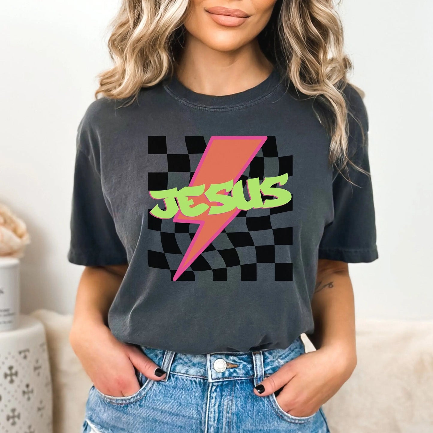 Jesus Neon Checkered Tee