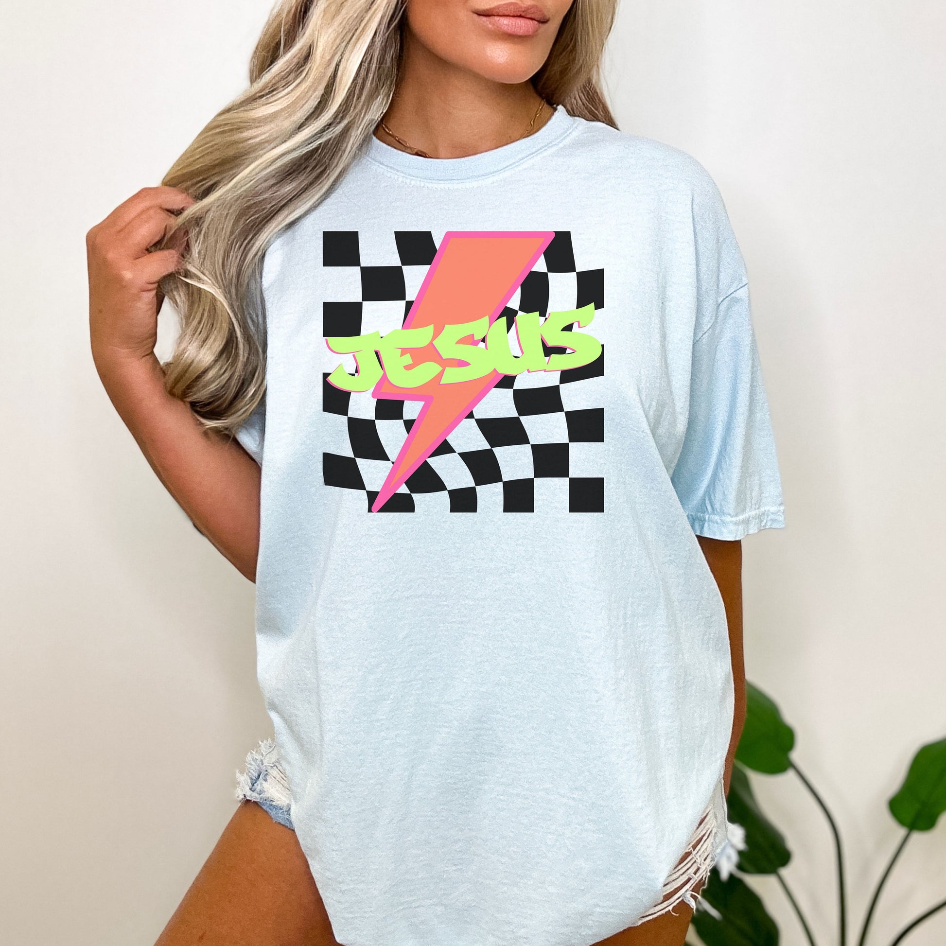 Jesus Checkered Tee, Neon Jesus Shirt, Retro Checkered Jesus Shirt, Christian Comfort Colors®, Lightning Bolt shirt, Christian Streetwear